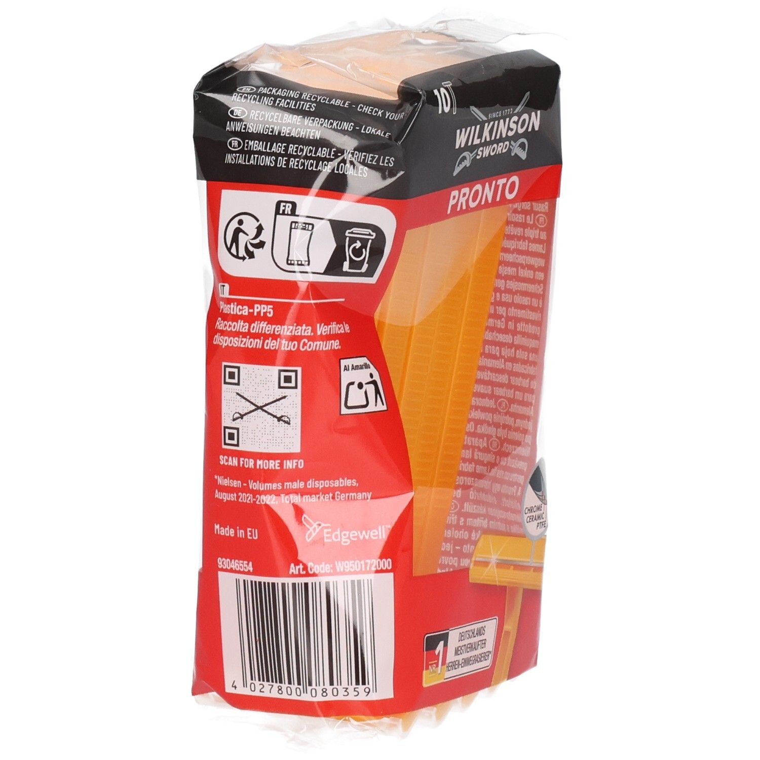 Rückseite einer Packung mit 10 Wilkinson Sword Pronto Einwegrasierern.