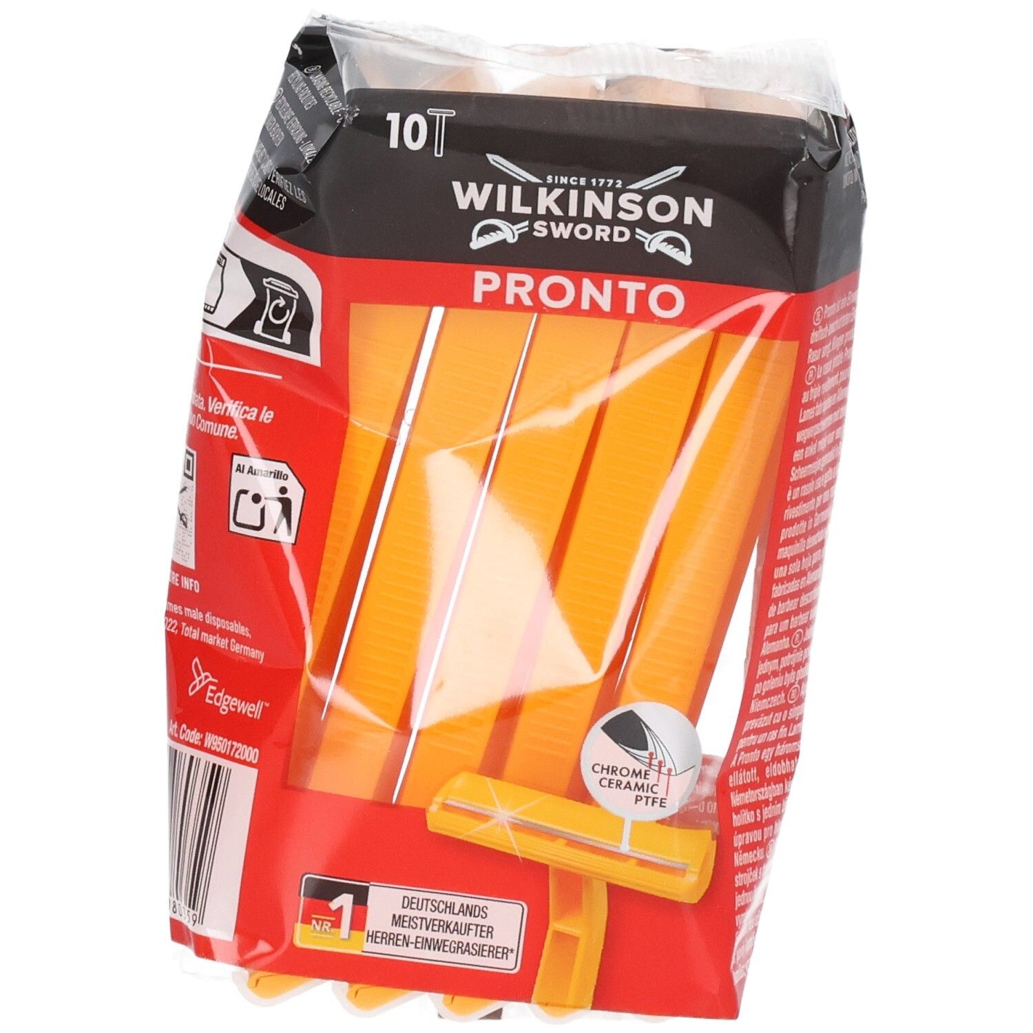 Packung mit 10 Wilkinson Sword Pronto Einwegrasierern, gelb, mit Detailansicht.