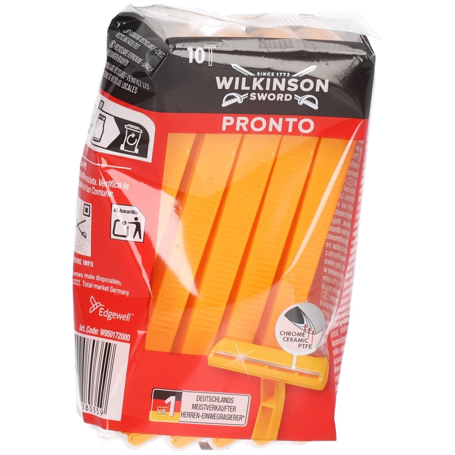 Packung mit 10 Wilkinson Sword Pronto Einwegrasierern, gelb, mit Detailansicht.