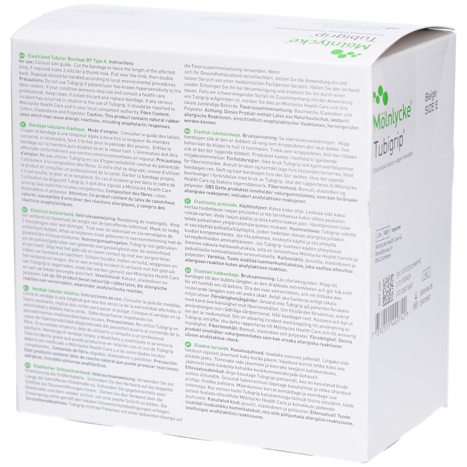 Dos de la boîte Mölnlycke Tubigrip. Texte multilingue. Beige, taille E. Dispositif médical.