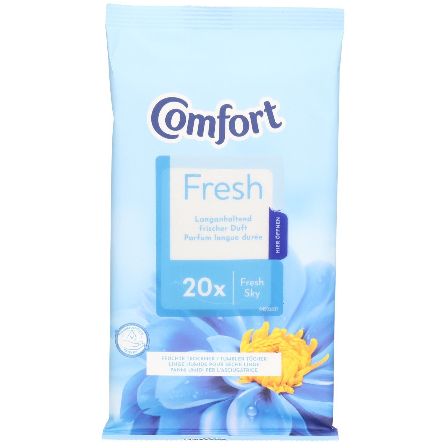Packung Trocknertücher. Hellblauer Hintergrund mit Produktnamen und "Fresh Sky". Enthält 20 Tücher. Blaue Blume.