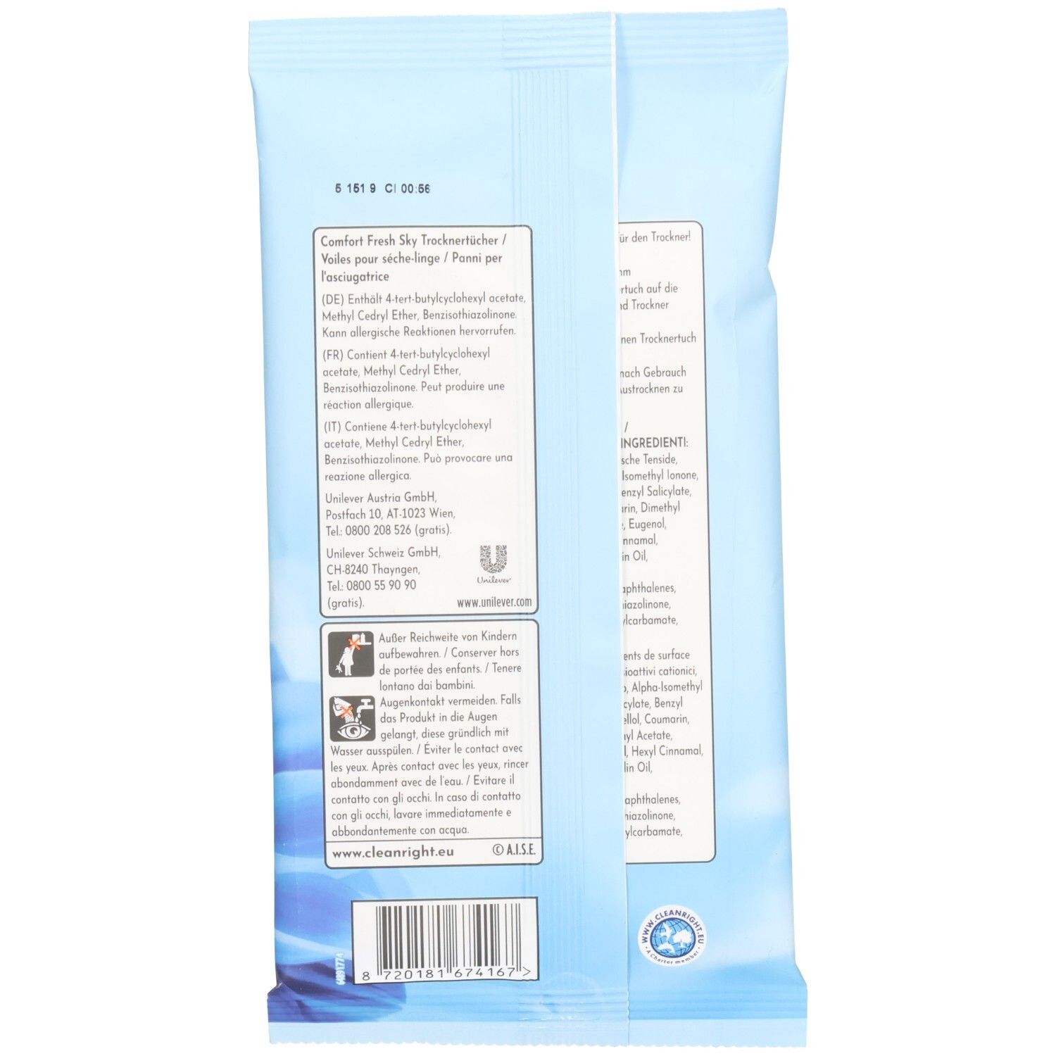 Rückseite der Packung Trocknertücher. Textinformationen in Deutsch, Französisch, Italienisch und Englisch. Inhaltsstoffe.