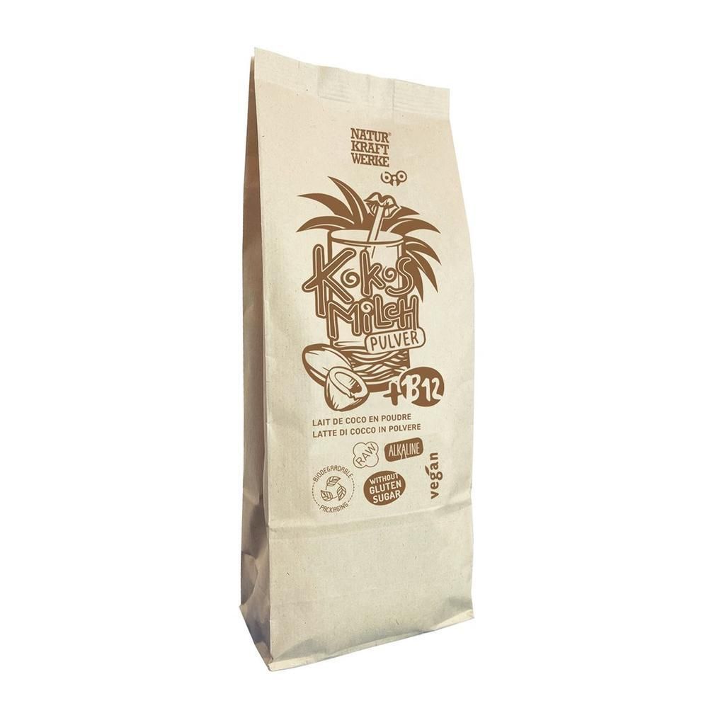 NATURKRAFTWERKE Kokosmilchpulver B12 Bio/kbA 600 g: Papiertüte mit Kokosnuss-Illustration und Produktinformationen.