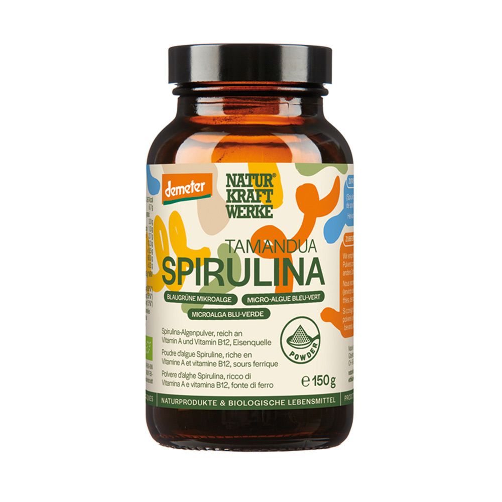Braunglasflasche mit Spirulina Pulver, Demeter-Siegel und Nährwertangaben. 150g.