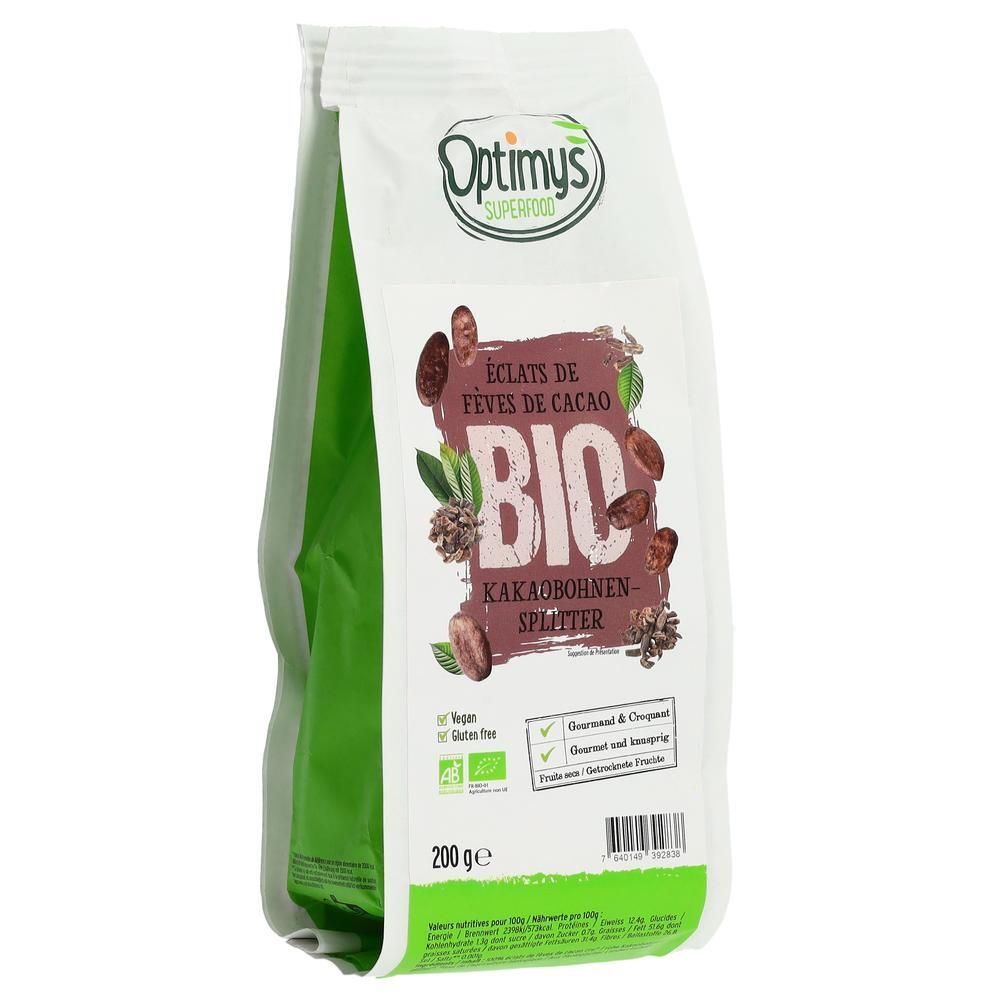 Verpackung von OPTIMYS Kakaobohnen-Splitter. Weiß-grüne Tüte mit Produktbezeichnung und Bio-Siegel. 200g.
