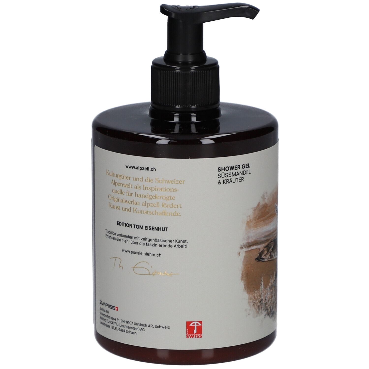 Flacon marron avec pompe noire. Impression avec texte et signature.