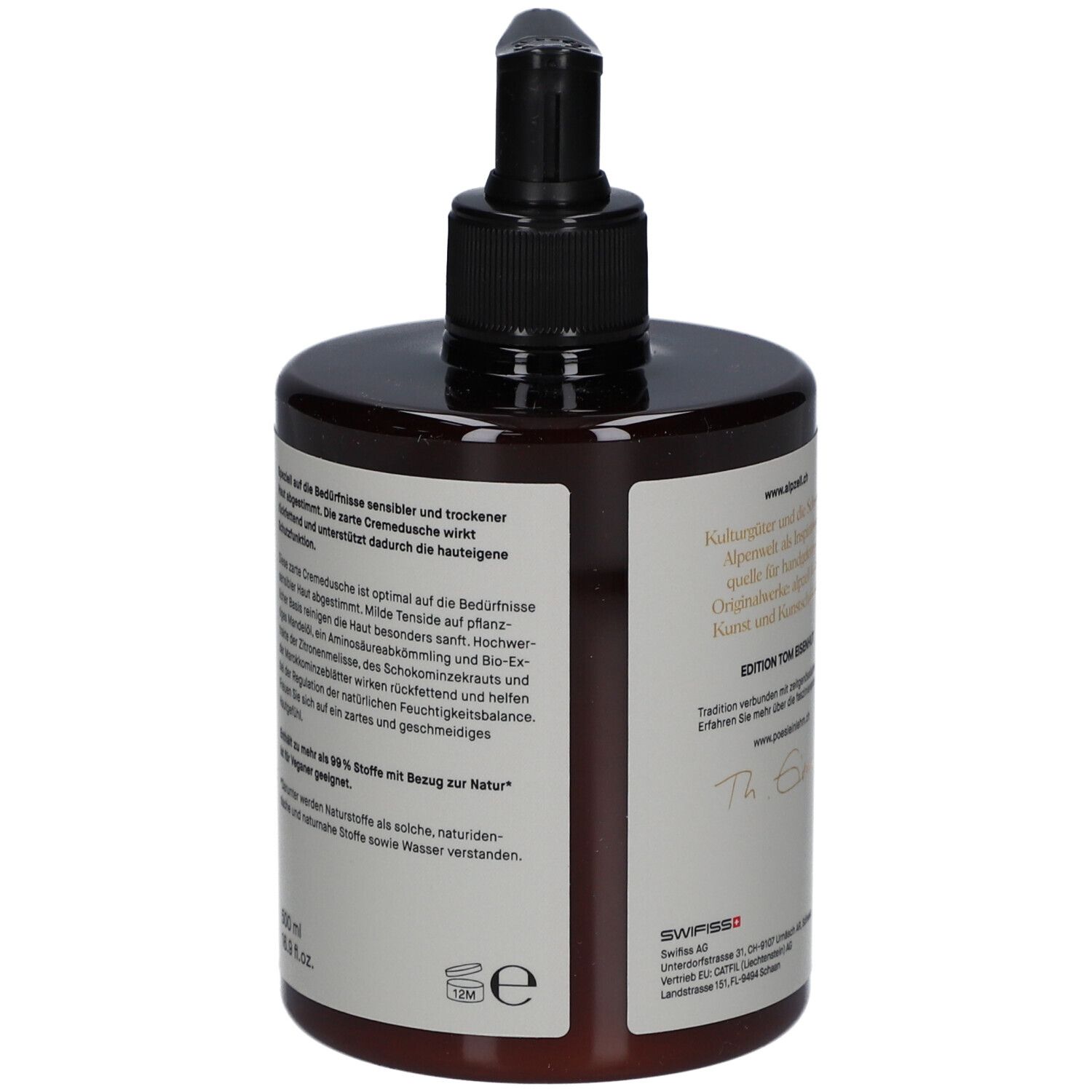 Flacon marron avec pompe noire. Impression avec texte sur fond blanc.