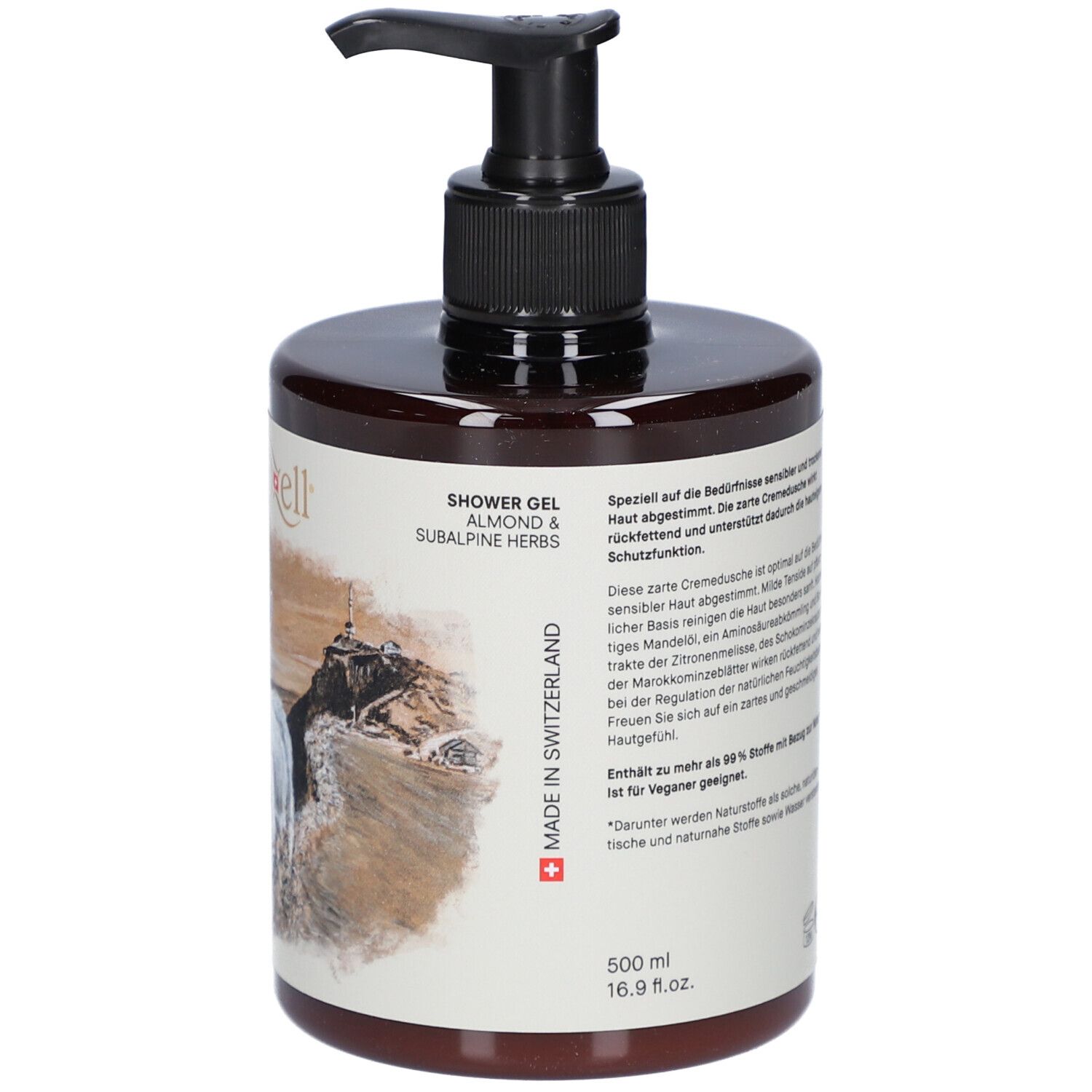 Flacon marron avec pompe noire. Impression avec texte et logo.