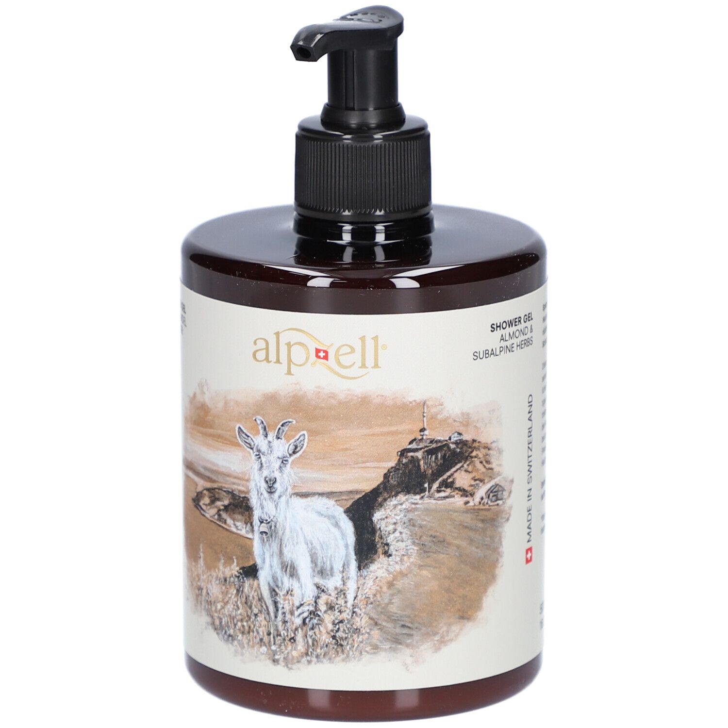 Flacon marron avec pompe noire. Impression avec motif de chèvre et texte.