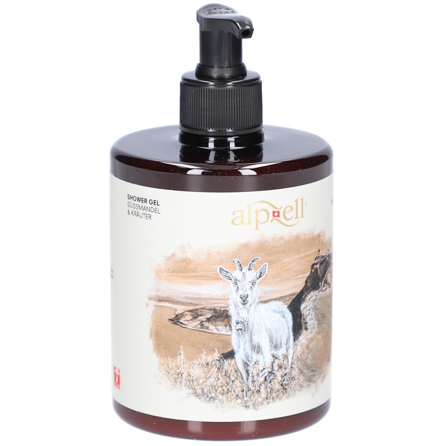 Flacon marron avec pompe noire. Impression avec motif de chèvre et texte.