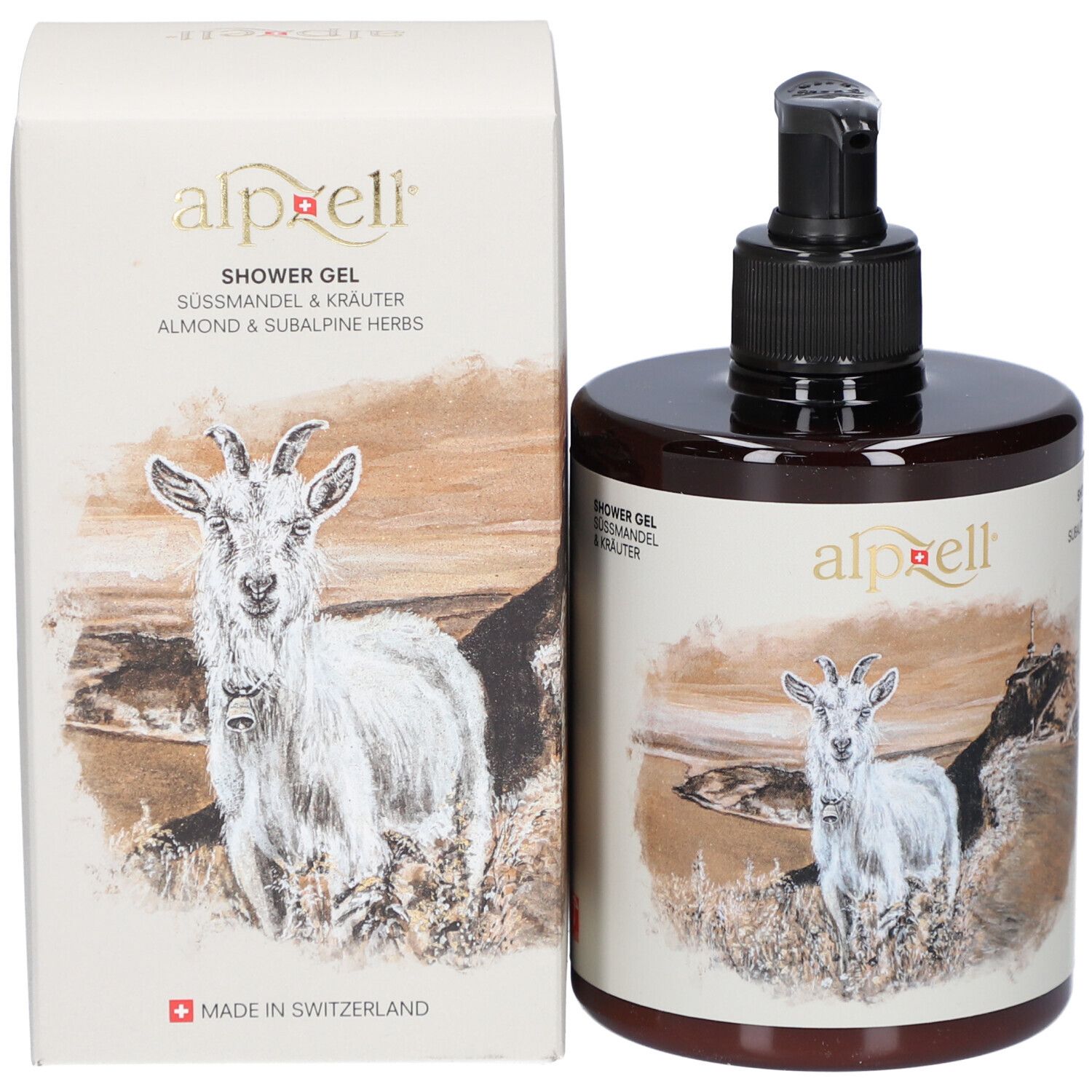 Flacon et emballage côte à côte. Les deux avec motif de chèvre et texte.