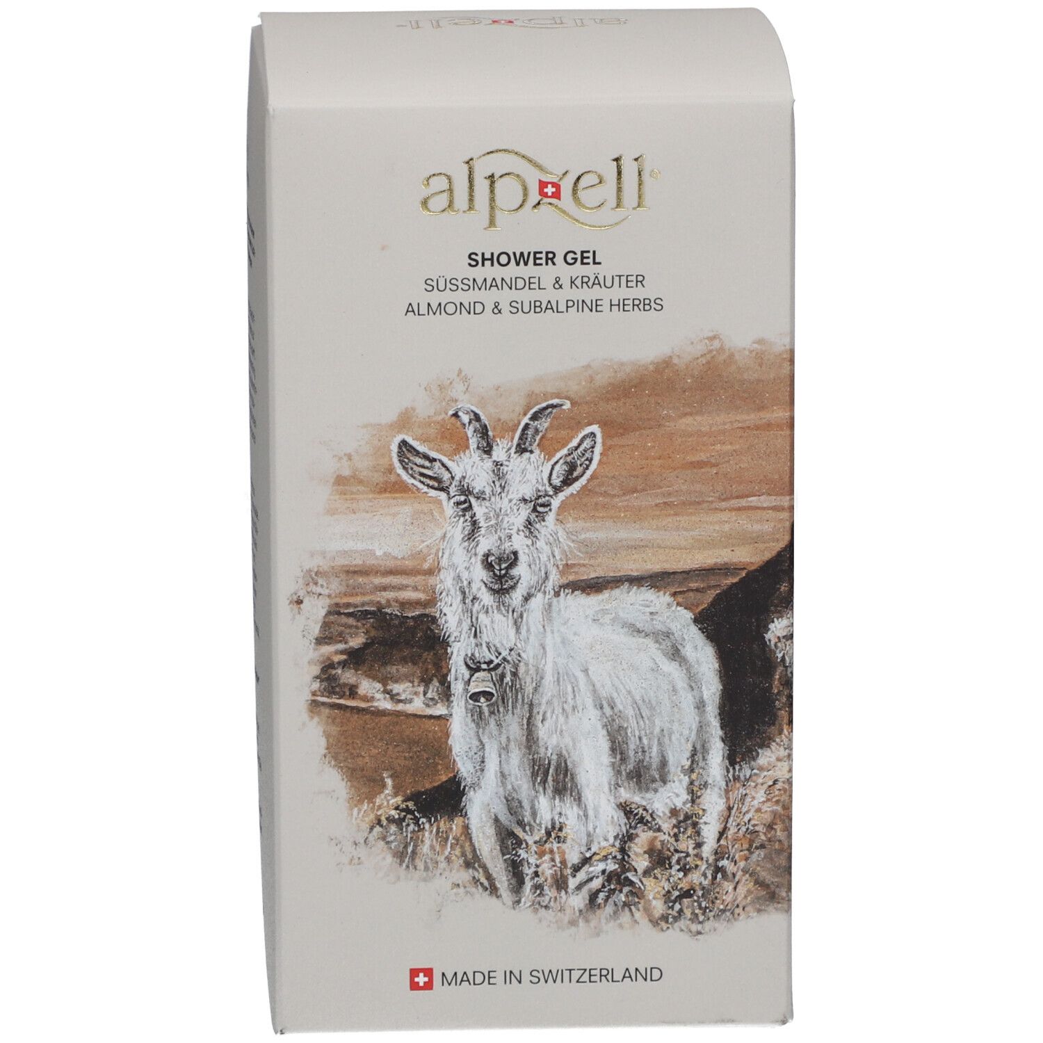 Emballage blanc avec motif de chèvre et texte. Drapeau suisse.