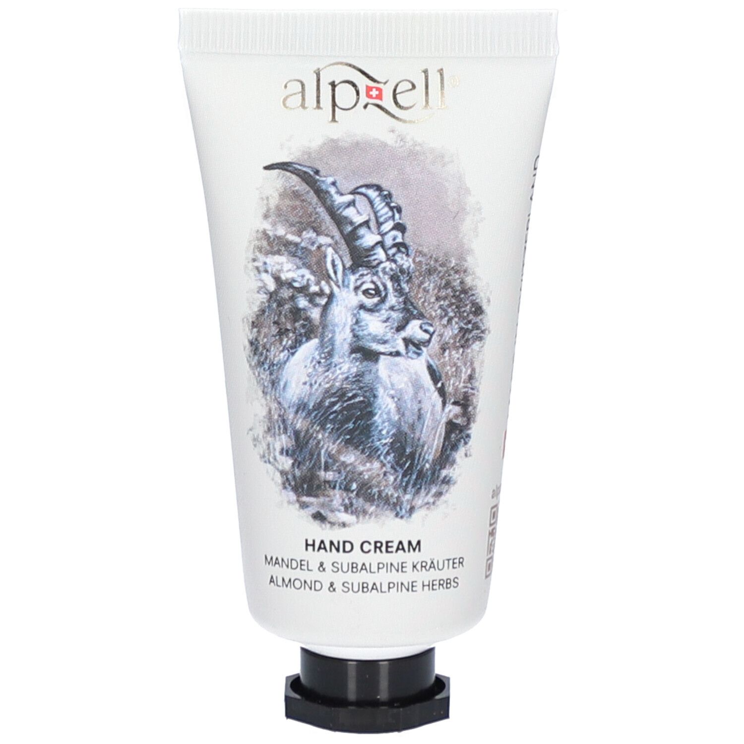 Handcreme-Tube mit Ziegenmotiv und Schriftzug. Enthält Mandel- und subalpine Kräuter. Schwarzer Verschluss.