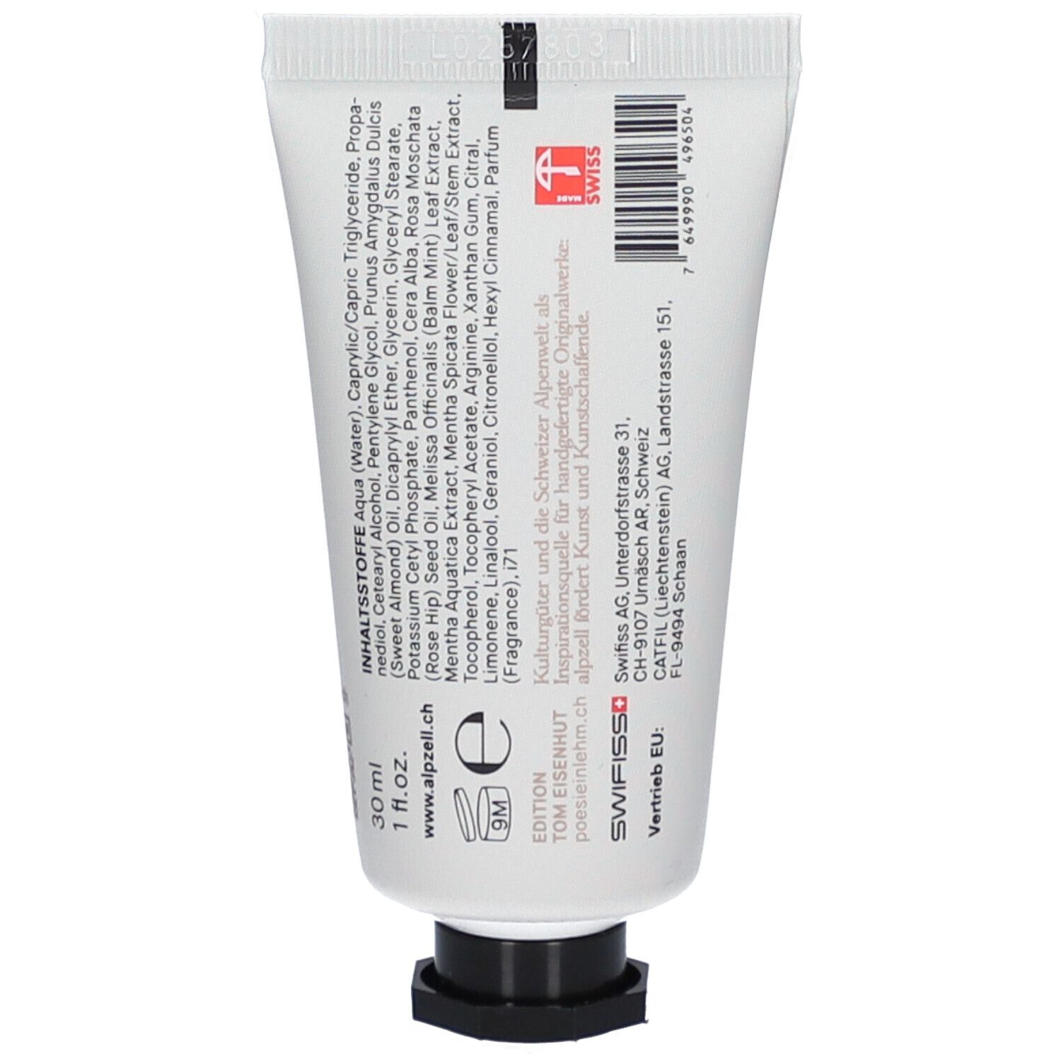 Rückseite der Handcreme-Tube mit Inhaltsstoffen, Text und Barcode. Schwarzer Verschluss. Swiss Made.