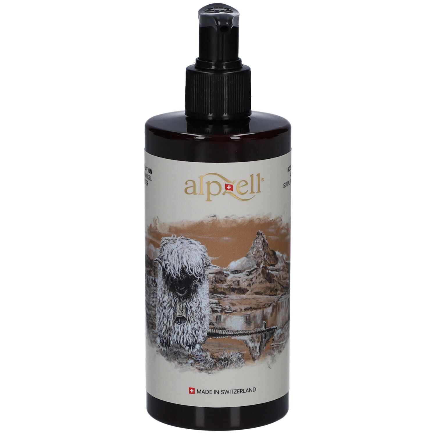 Flacon brun avec pompe noire. Étiquette avec logo, illustration et inscription "Made in Switzerland".