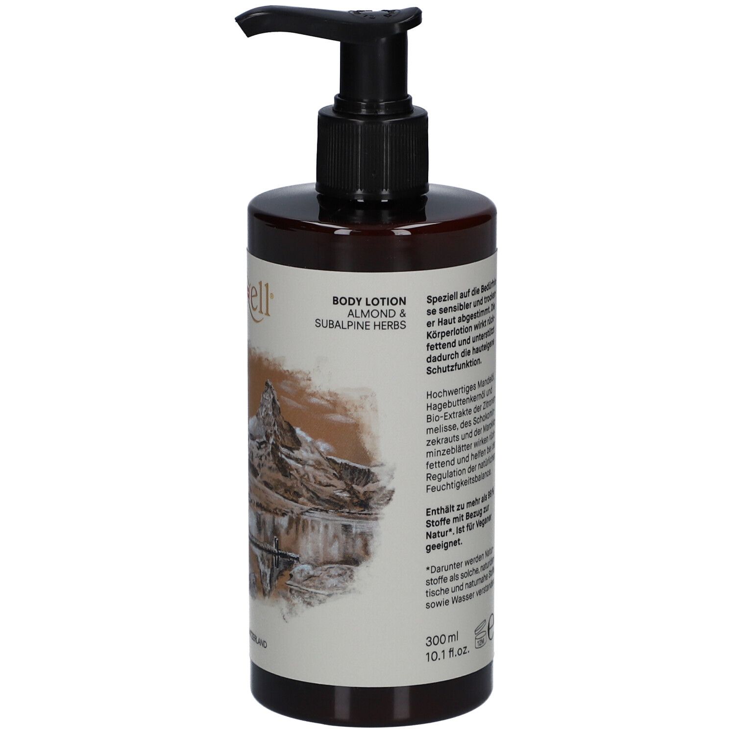 Flacon brun avec pompe noire. Étiquette avec texte. "Body Lotion Amande & Herbes alpines". Drapeau suisse.