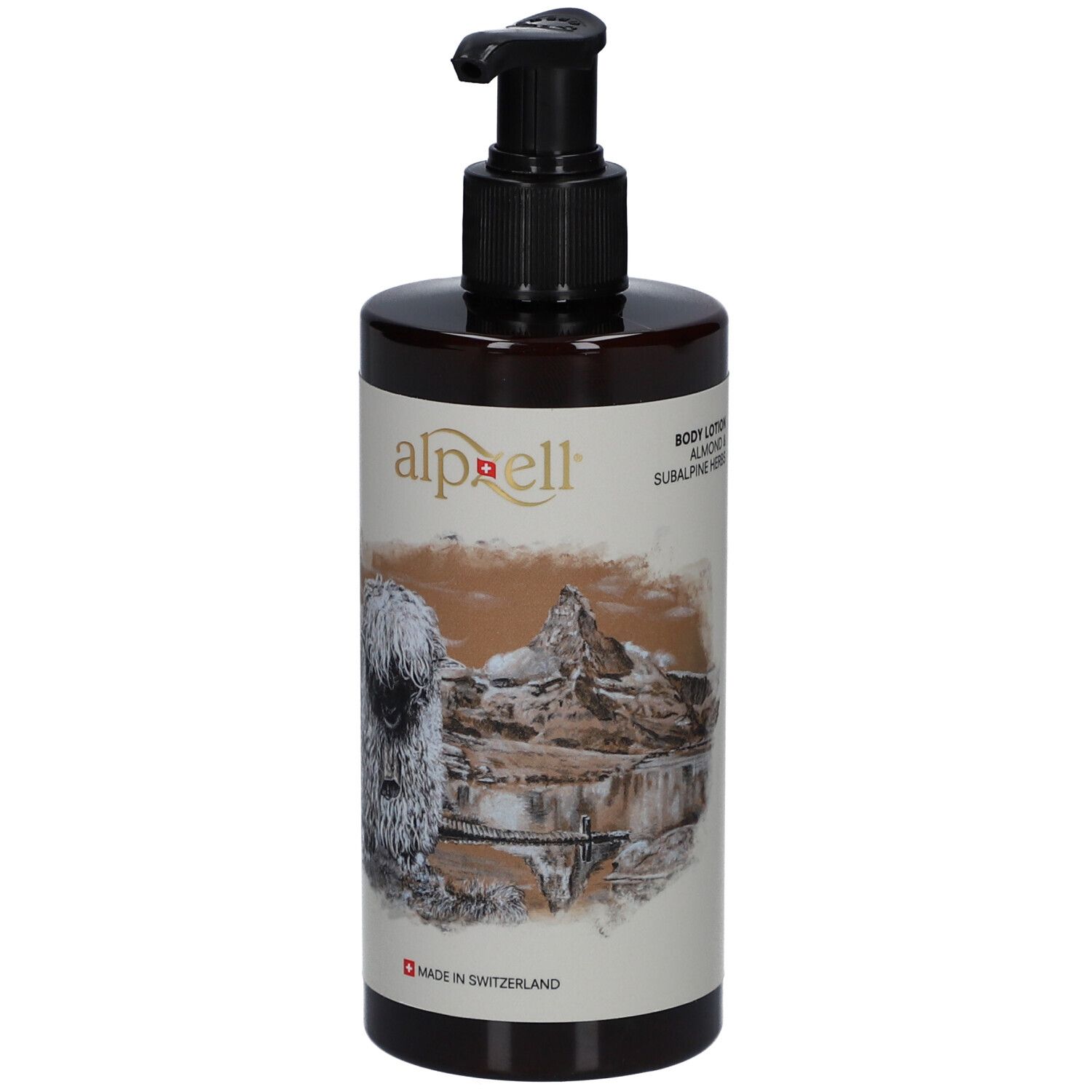 Flacon brun avec pompe noire. Étiquette avec logo, illustration et inscription "Made in Switzerland".