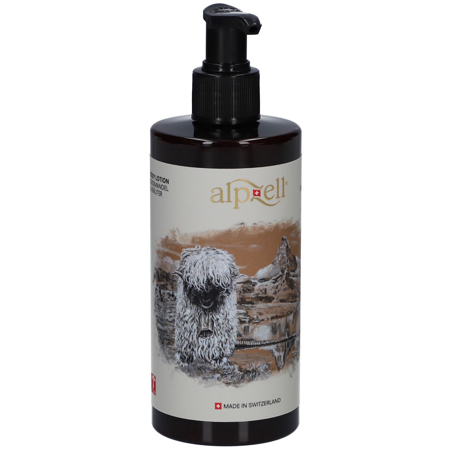 Flacon brun avec pompe noire. Étiquette avec logo, illustration et inscription "Made in Switzerland".