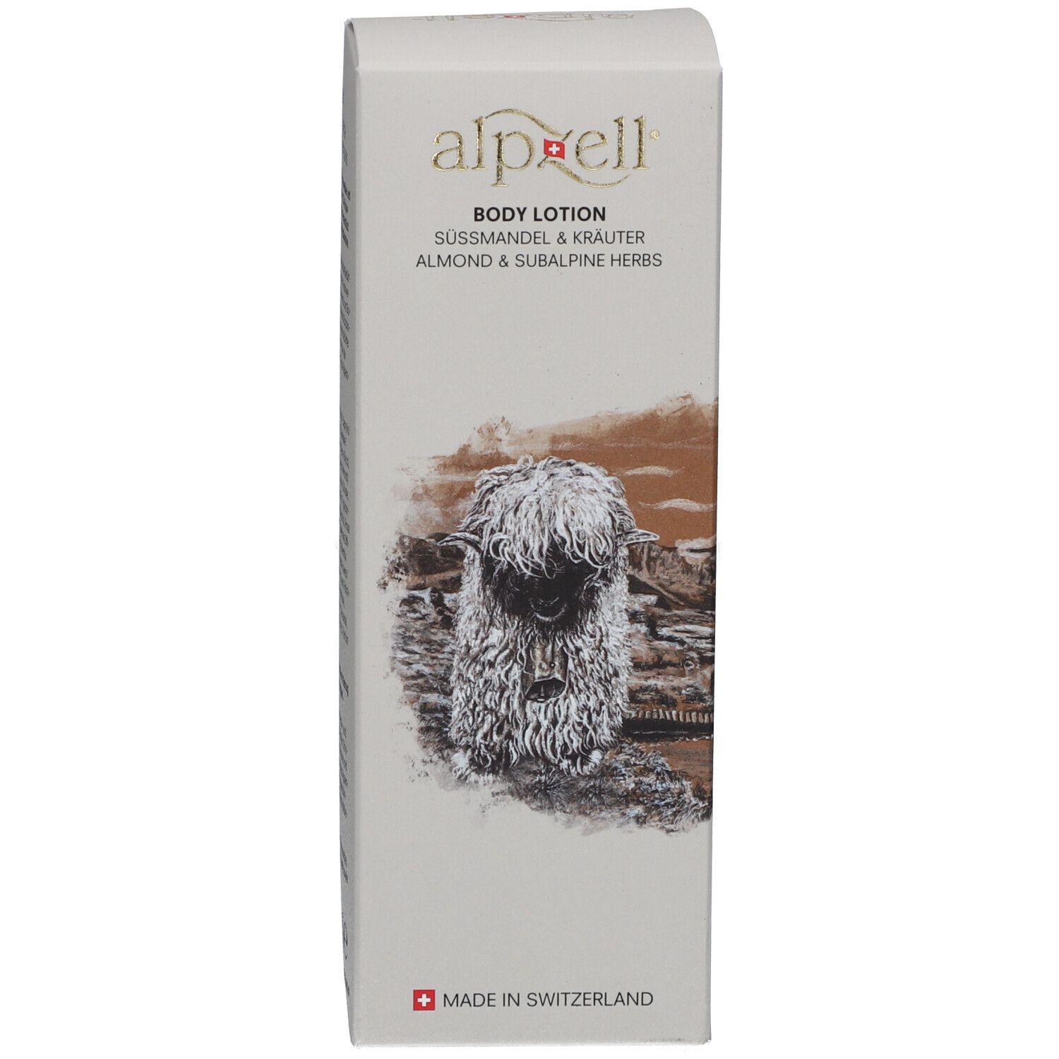 Emballage avec logo, nom du produit et illustration. Drapeau suisse. Texte : "Body Lotion Amande douce & Herbes alpines".