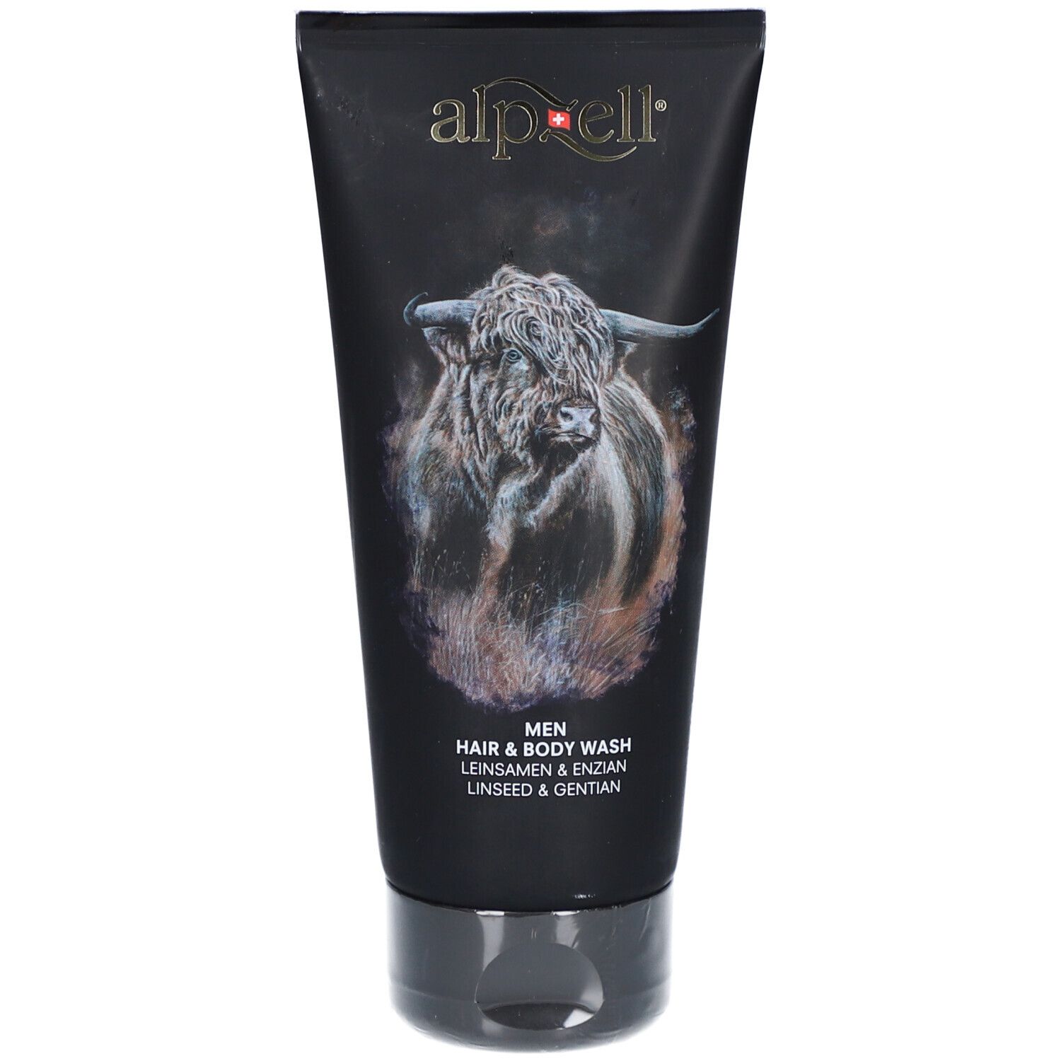 Tube noire avec logo Alpzell et illustration de taureau. Texte: Men Hair & Body Wash, Lin & Gentiane.