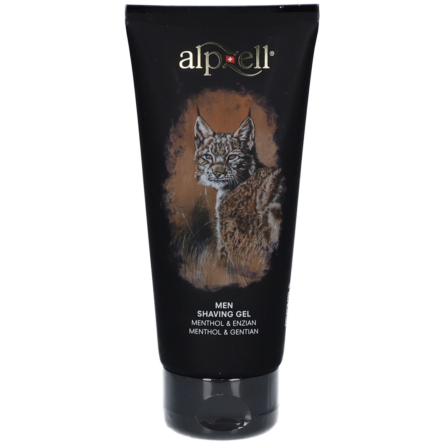 Schwarze Tube mit Produktnamen und Abbildung eines Luchses. Text: MEN SHAVING GEL, Menthol & Enzian.