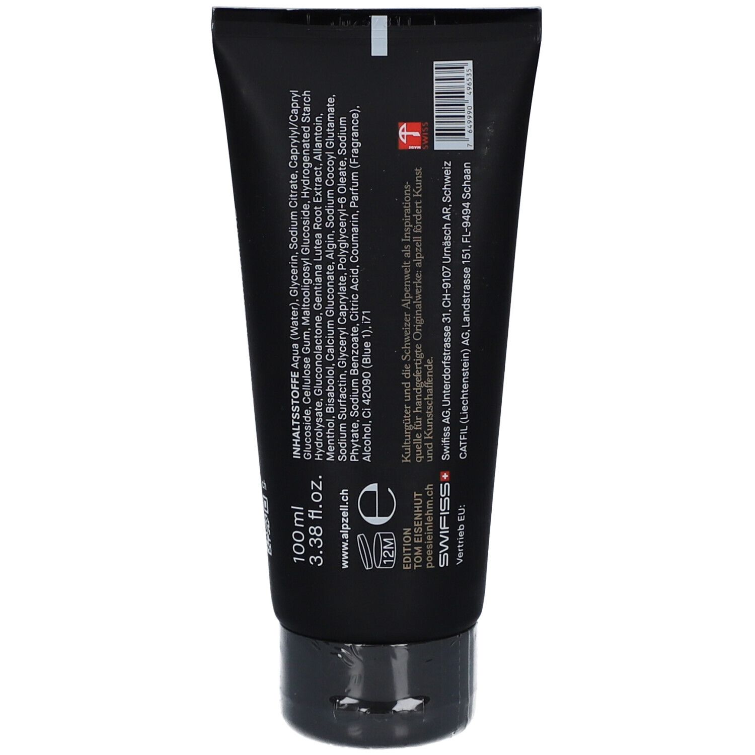 Rückseite der schwarzen Tube. Enthält Inhaltsstoffe, Herstellerinformationen und Barcode.