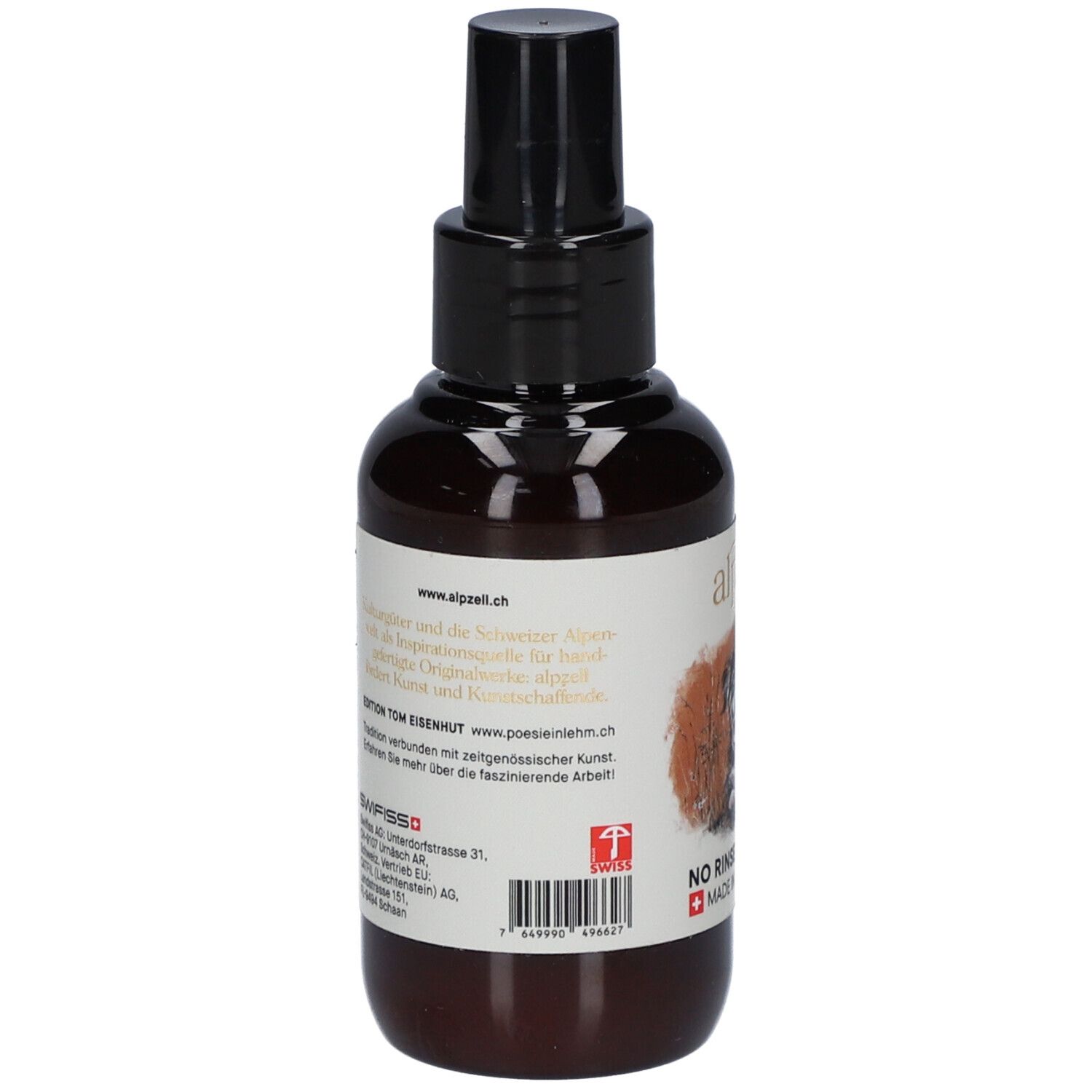 Flacon brun avec vaporisateur noir. Dos avec texte et logo. Label Swiss Made. Code-barres et coordonnées.