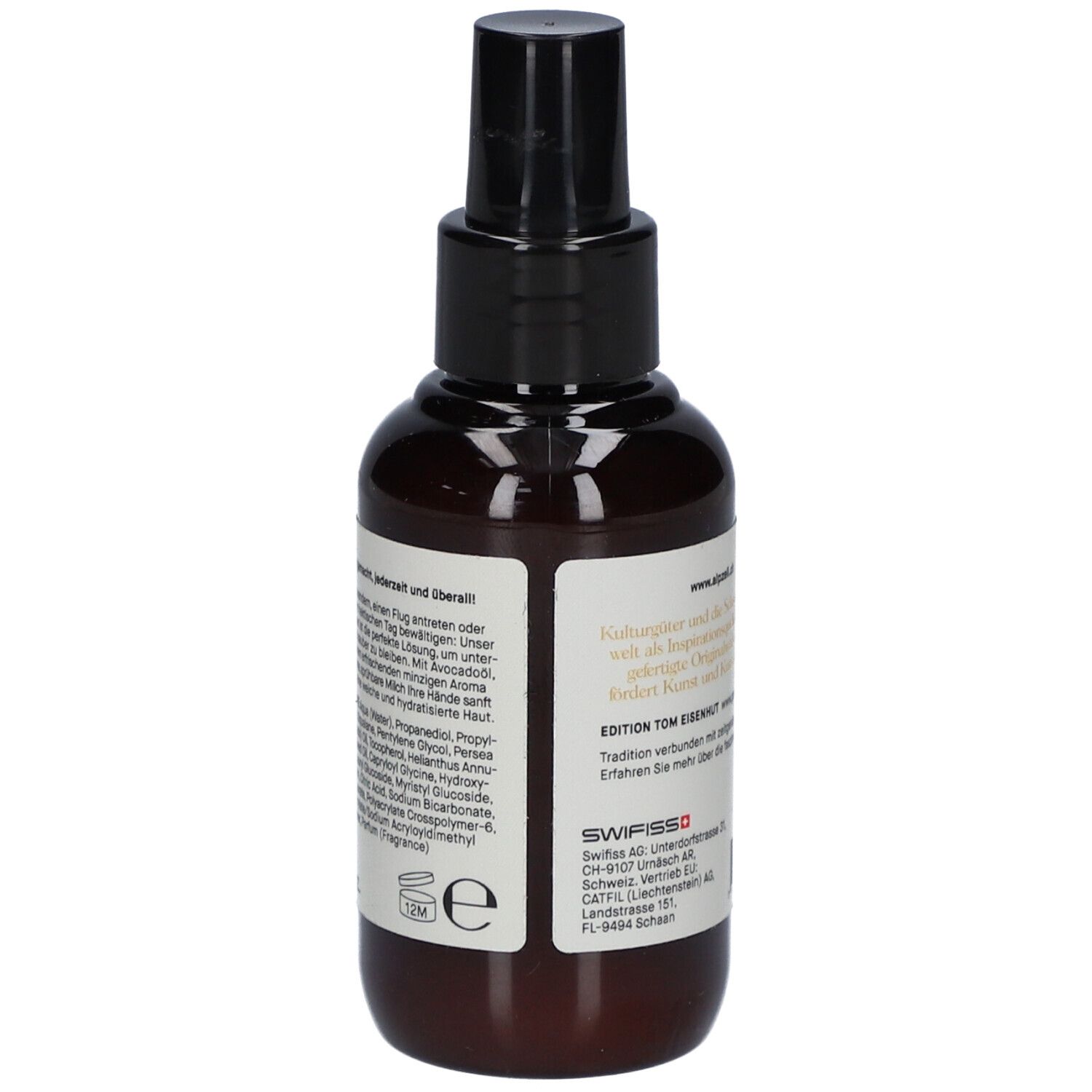 Flacon brun avec vaporisateur noir. Dos avec texte. Label Swiss Made. Symbole 12M. Coordonnées.