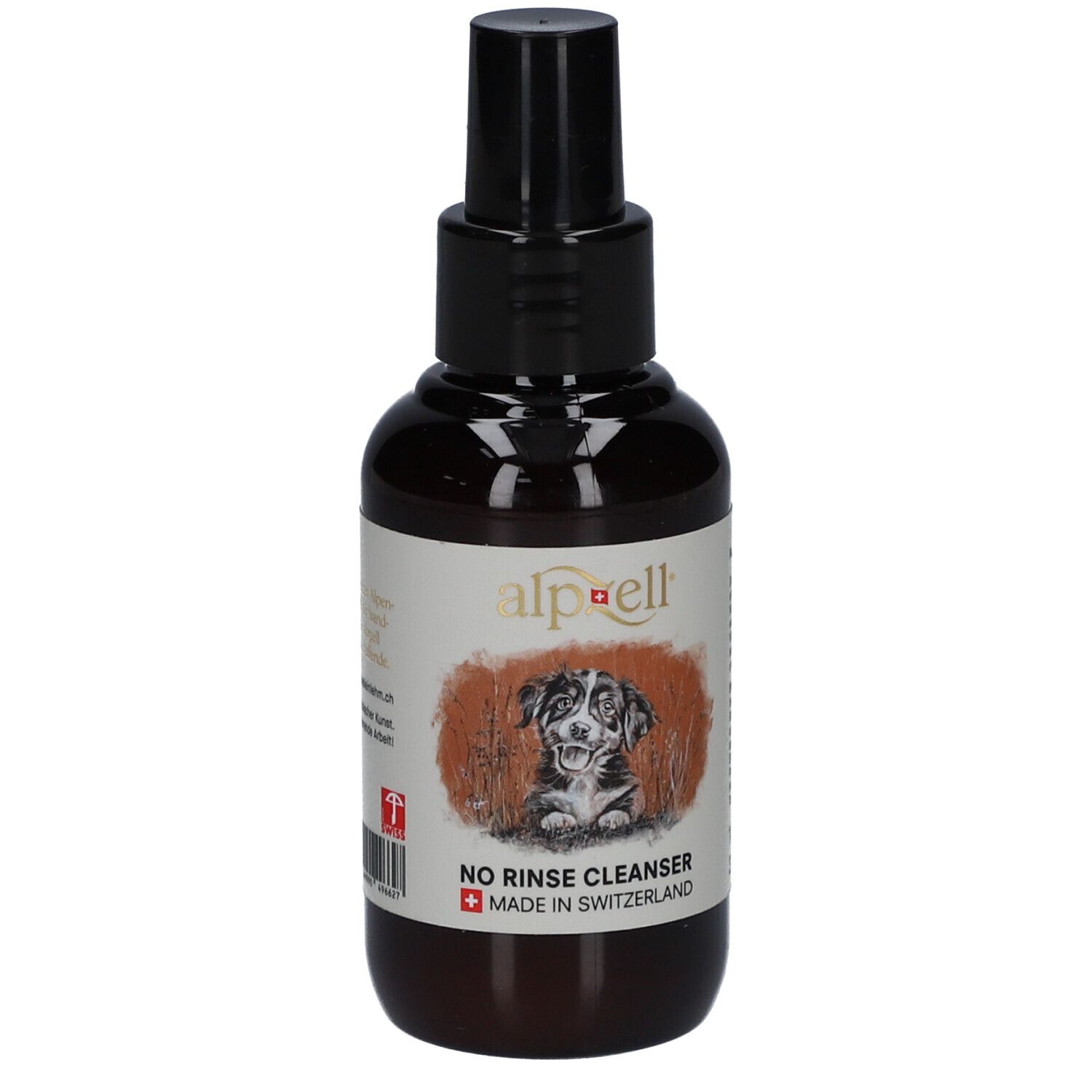 Flacon brun avec vaporisateur noir. Étiquette avec logo, chien et texte "NO RINSE CLEANSER". Label Swiss Made.