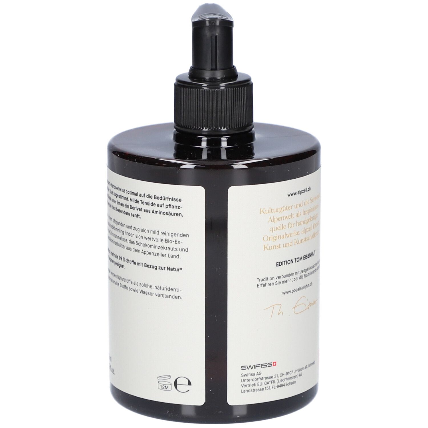 Flacon brun avec pompe noire. Étiquette avec texte. Texte : alpzell, Hand Soap, Subalpine Kräuter, Edition Tom Eisenhut.