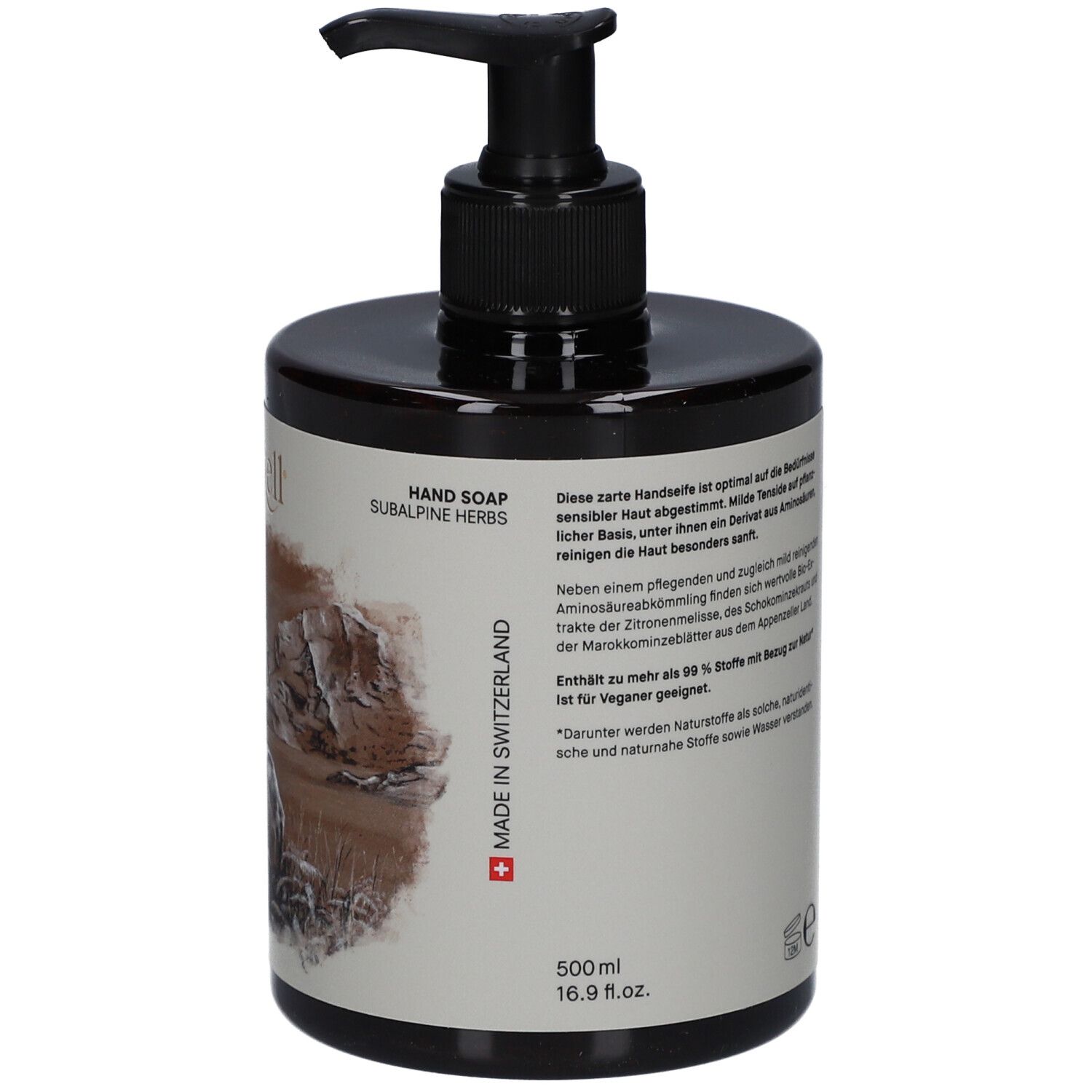 Flacon brun avec pompe noire. Étiquette avec texte. Texte : alpzell, Hand Soap, Subalpine Herbs, Made in Switzerland.
