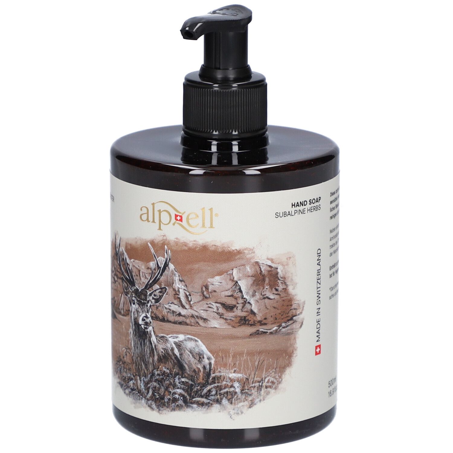 Flacon brun avec pompe noire. Étiquette avec cerf et texte. Texte : alpzell, Hand Soap, Subalpine Herbs, 500ml.