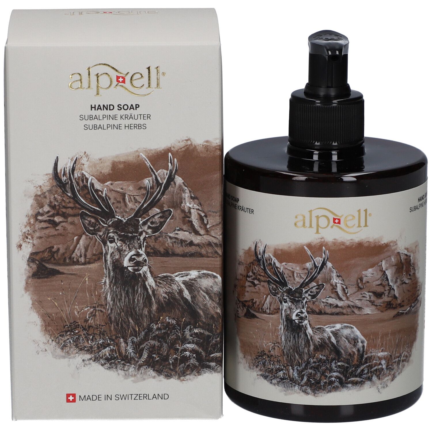Emballage du produit : flacon et carton. Flacon : brun, pompe. Carton : blanc, texte : alpzell, Hand Soap, Subalpine Kräuter.