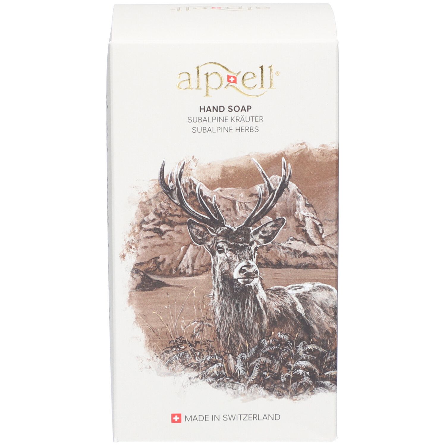 Emballage produit blanc. Texte : alpzell, Hand Soap, Subalpine Kräuter, Made in Switzerland. Illustration : cerf.