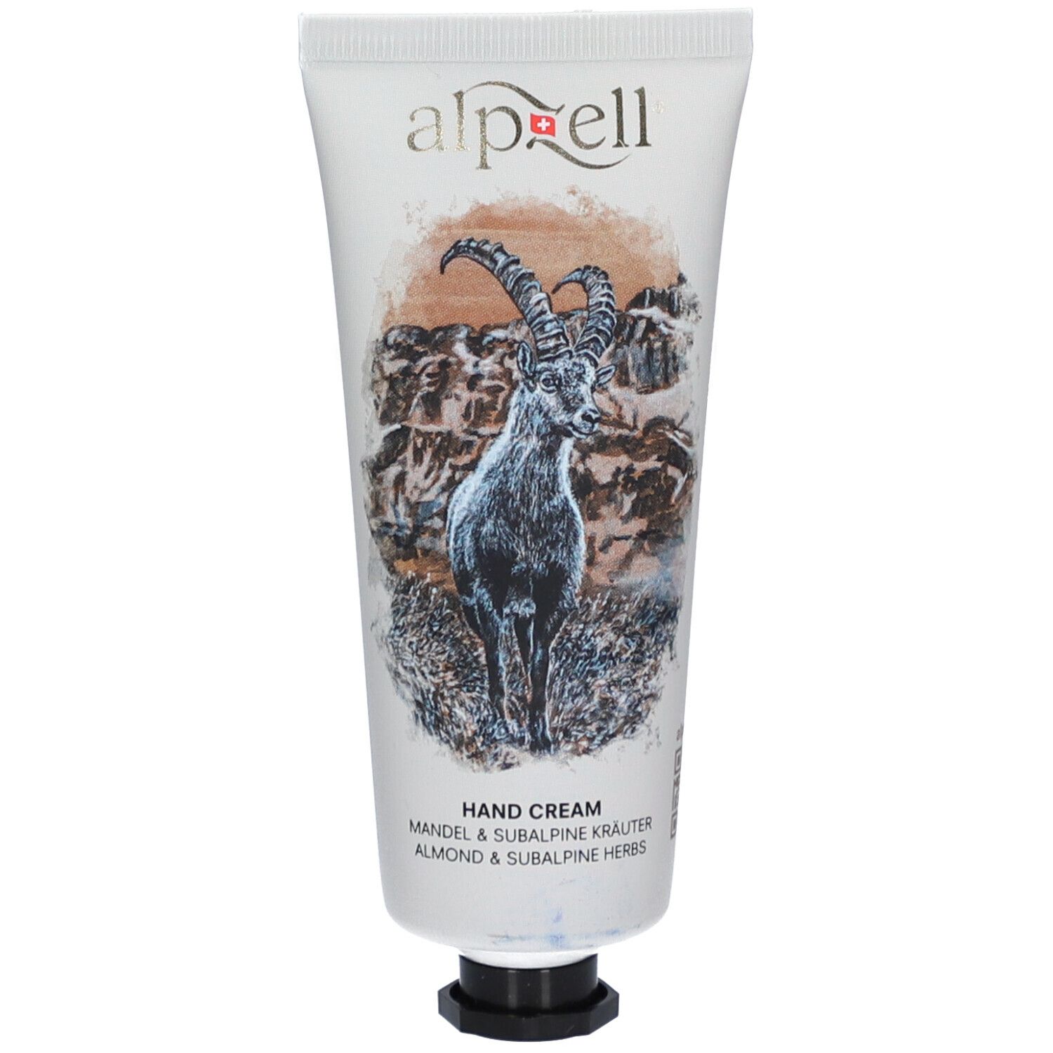 Creme-Tube mit Ziegenmotiv und Schriftzug "alpzell Hand Cream".