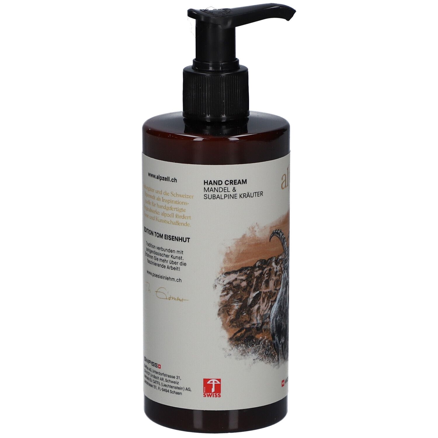 Braune Flasche mit schwarzem Pumpkopf. Aufschrift "alpzell". Text: "Hand Cream". Abbildung eines Steinbocks. "Made in Switzerland".
