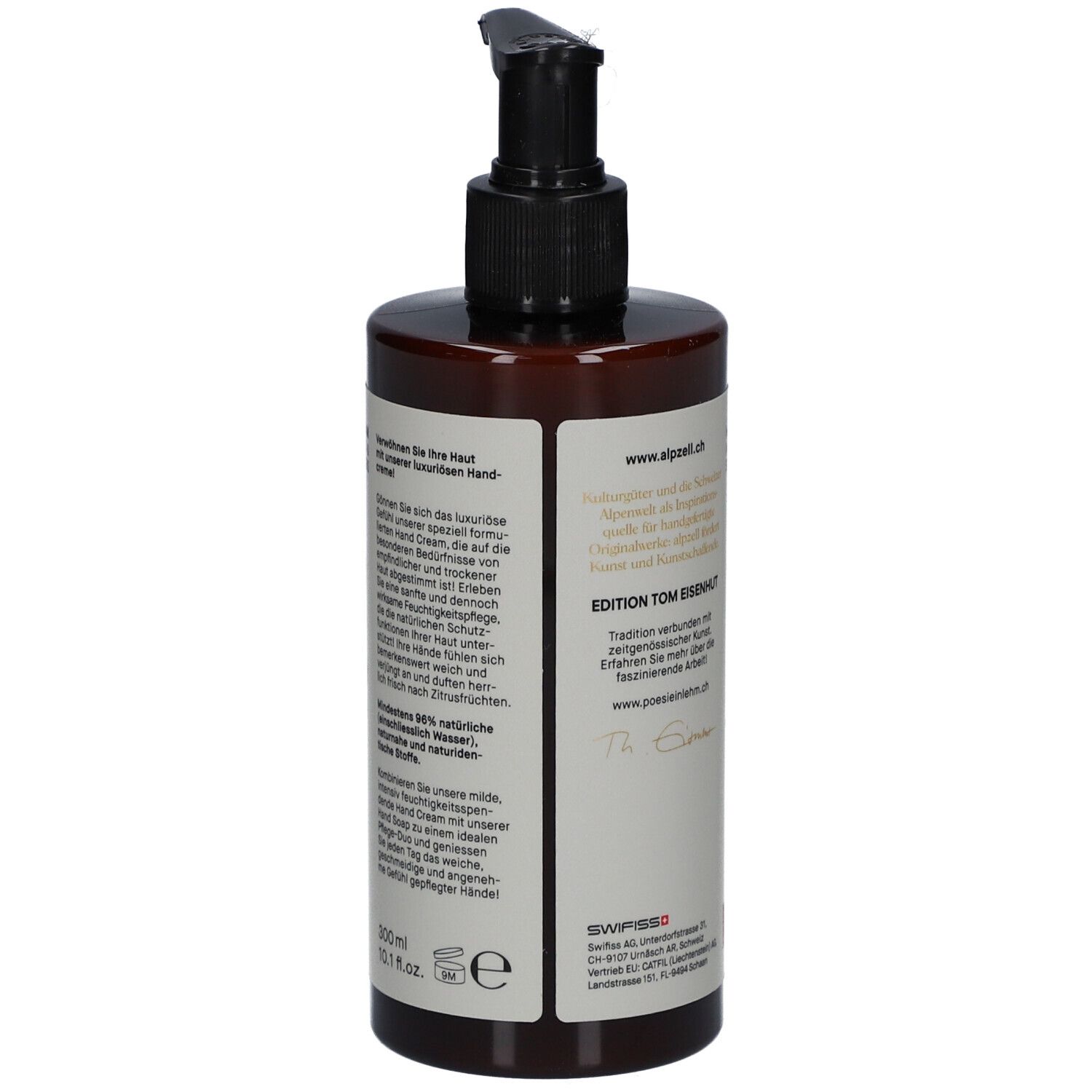 Braune Flasche mit schwarzem Pumpkopf. Text und Logo "alpzell". Textabschnitte. "Made in Switzerland". E-Zeichen.