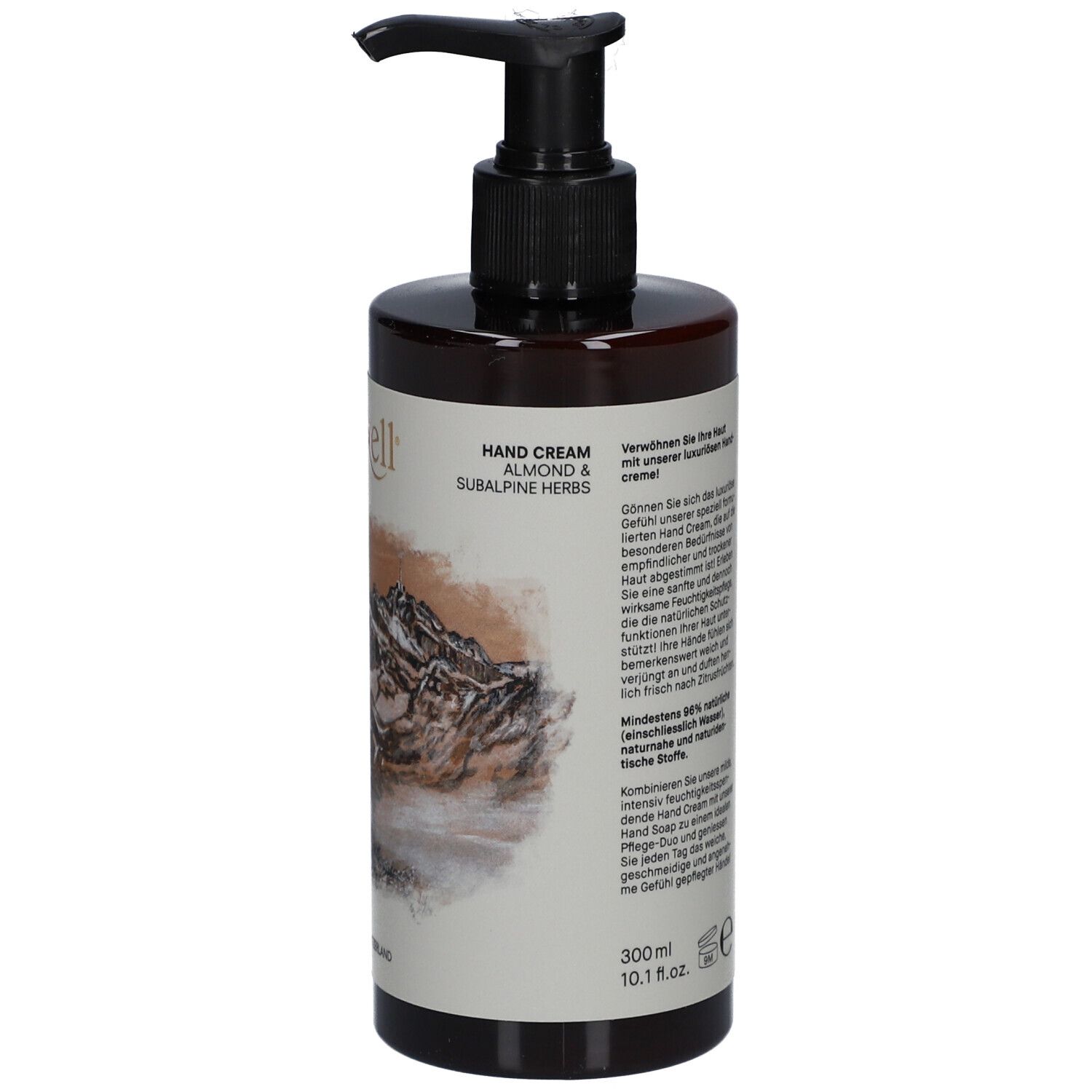 Braune Flasche mit schwarzem Pumpkopf. Aufschrift "alpzell". Text: "Hand Cream". Abbildung Berglandschaft. "300ml".
