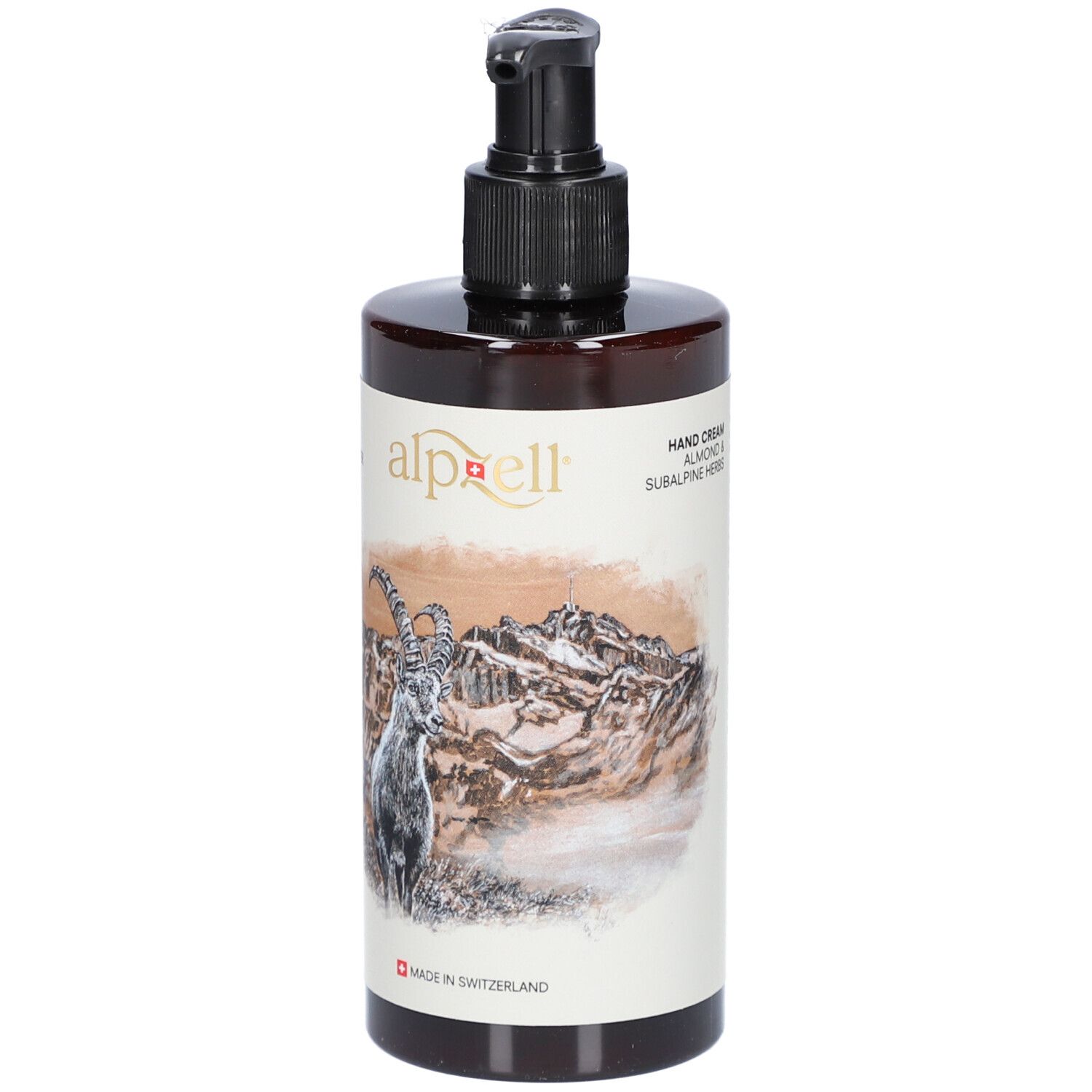 Braune Flasche mit schwarzem Pumpkopf. Aufschrift "alpzell". Text: "Hand Cream". Abbildung Steinbock und Berglandschaft. "Made in Switzerland".