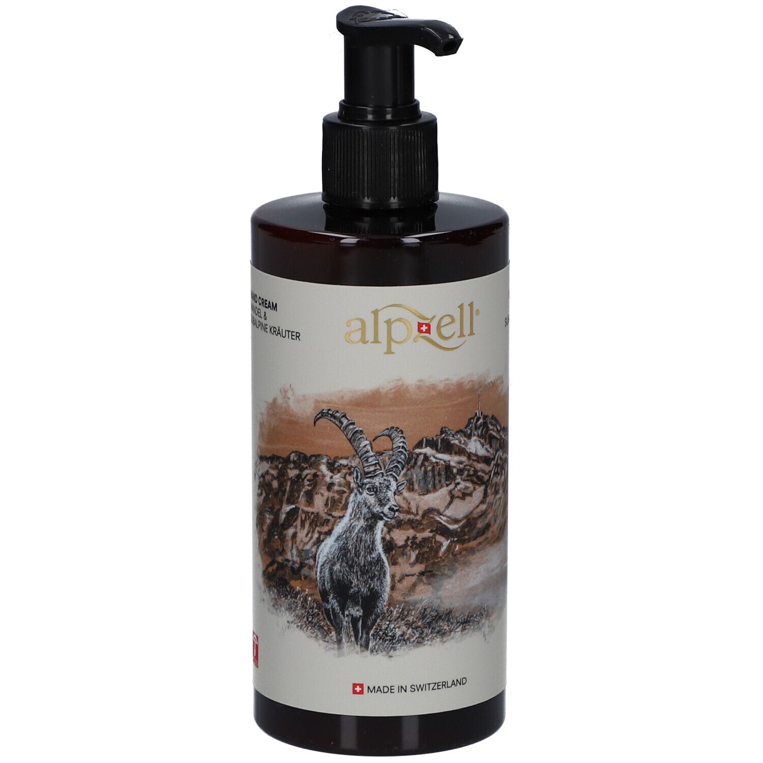 Braune Flasche mit schwarzem Pumpkopf. Aufschrift "alpzell". Text: "Hand Cream". Abbildung Steinbock und Berglandschaft. "Made in Switzerland".