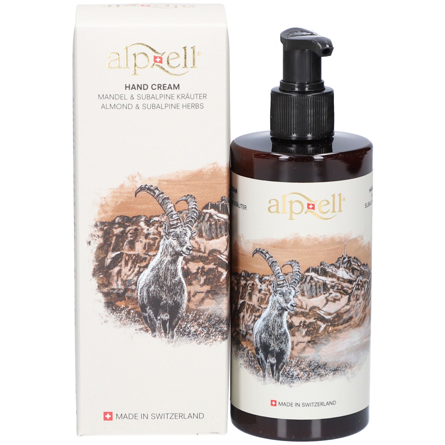 Produktverpackung und Flasche. Verpackung: Weiß, Aufschrift "alpzell", "Hand Cream". Flasche: braun, schwarzer Pumpkopf, "alpzell".