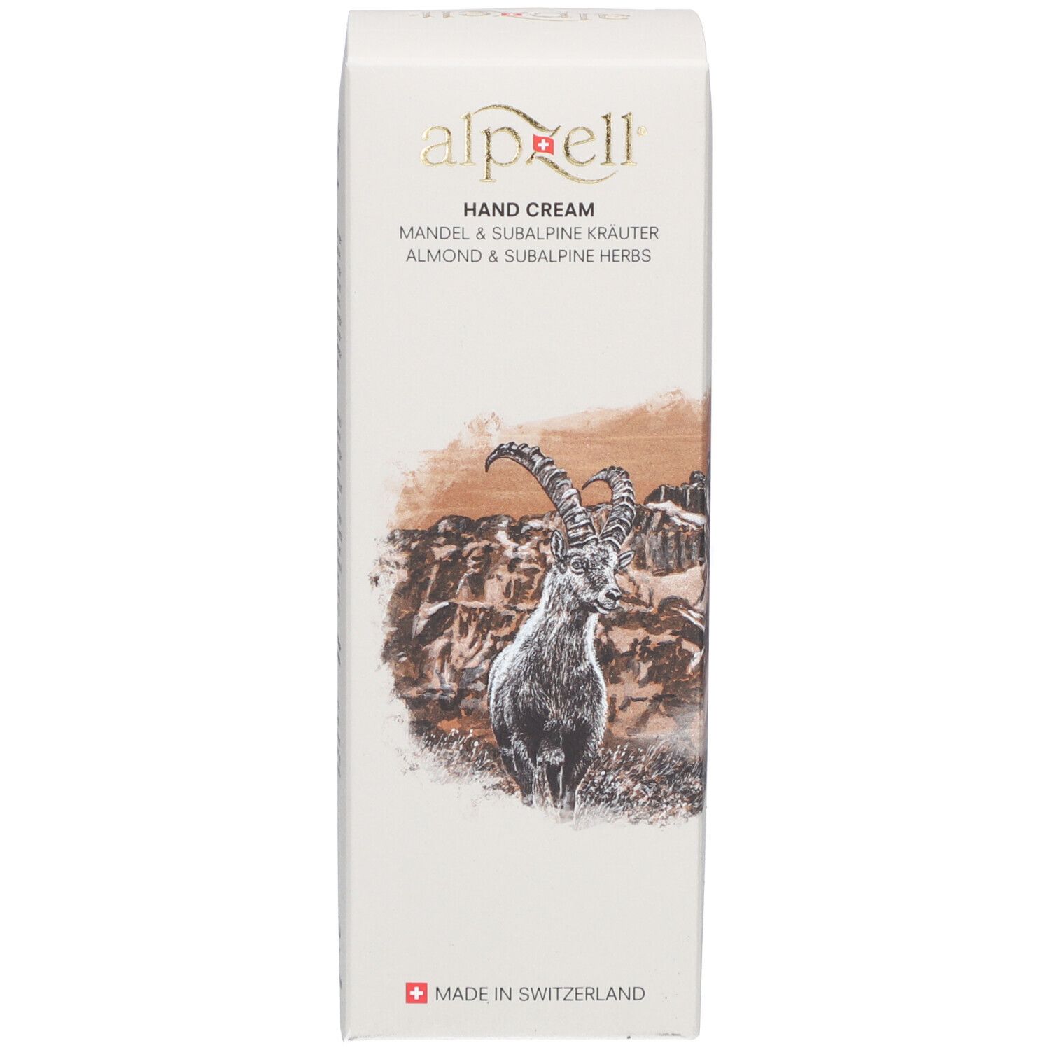 Weiße Produktverpackung. Aufschrift "alpzell", "Hand Cream". Abbildung Steinbock und Berglandschaft. "Made in Switzerland".
