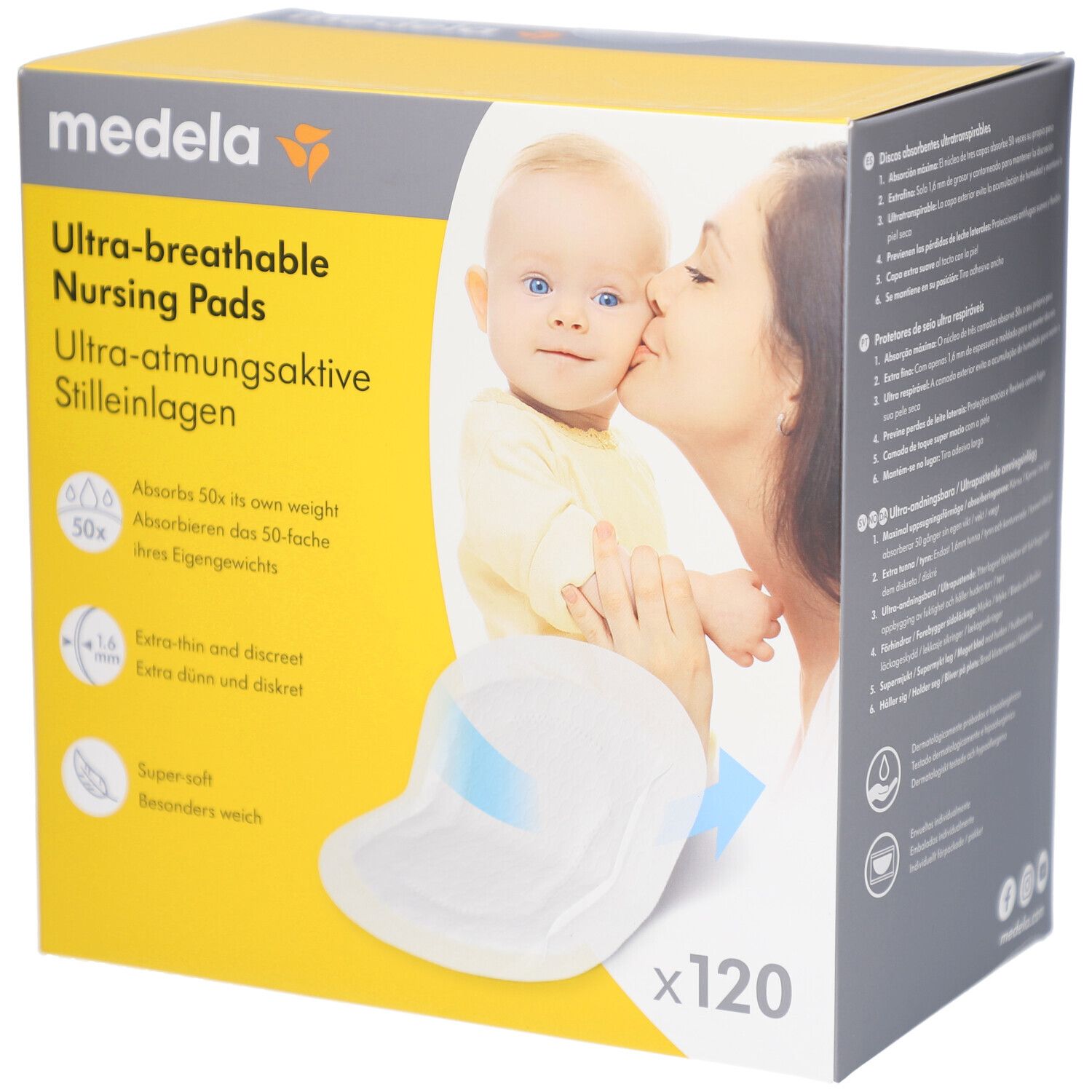 Boîte de coussinets d'allaitement ultra-respirants Medela. Image d'un bébé et d'une femme. Contient 120 coussinets.