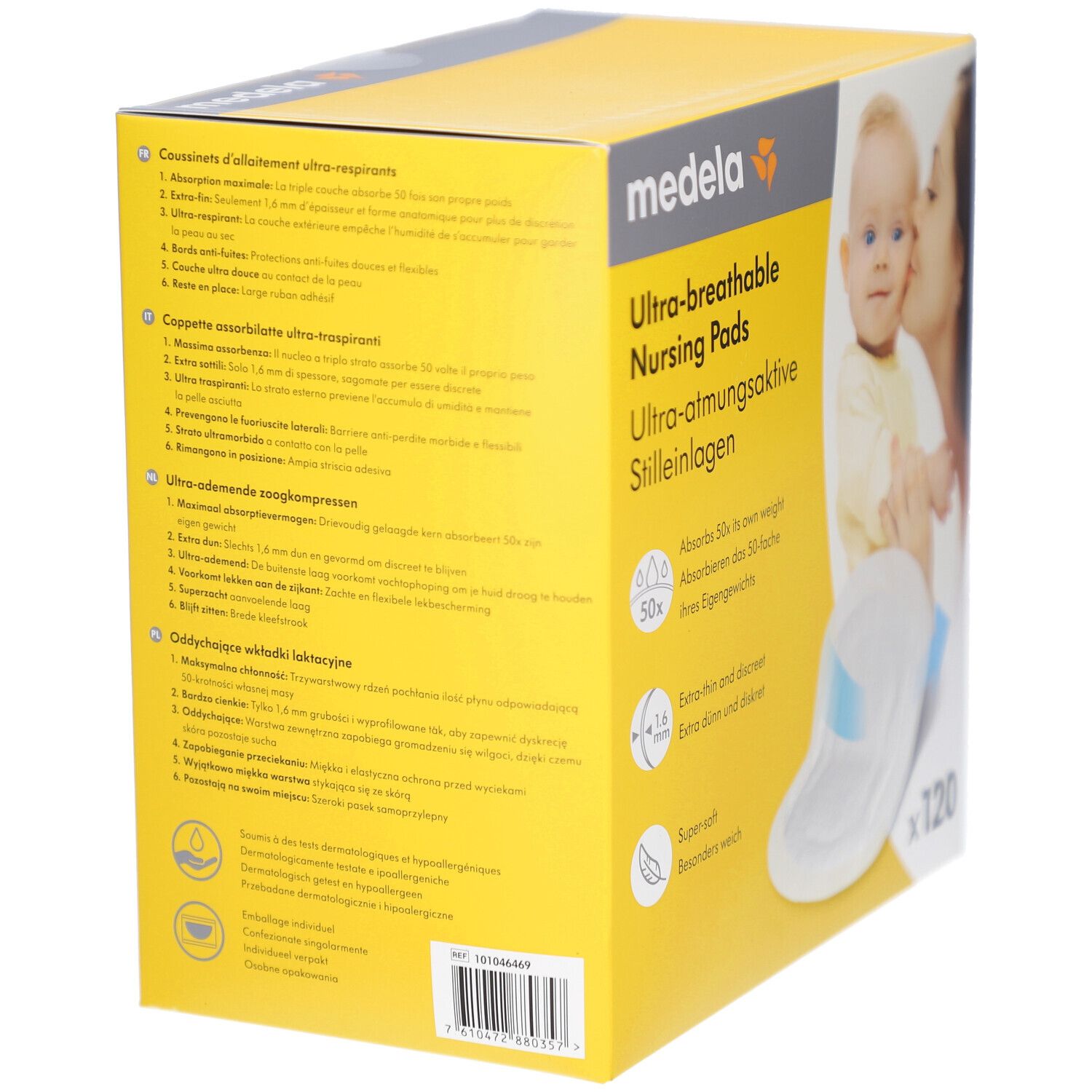 Boîte de coussinets d'allaitement Medela. Informations produit et image d'un bébé. Emballage jaune.