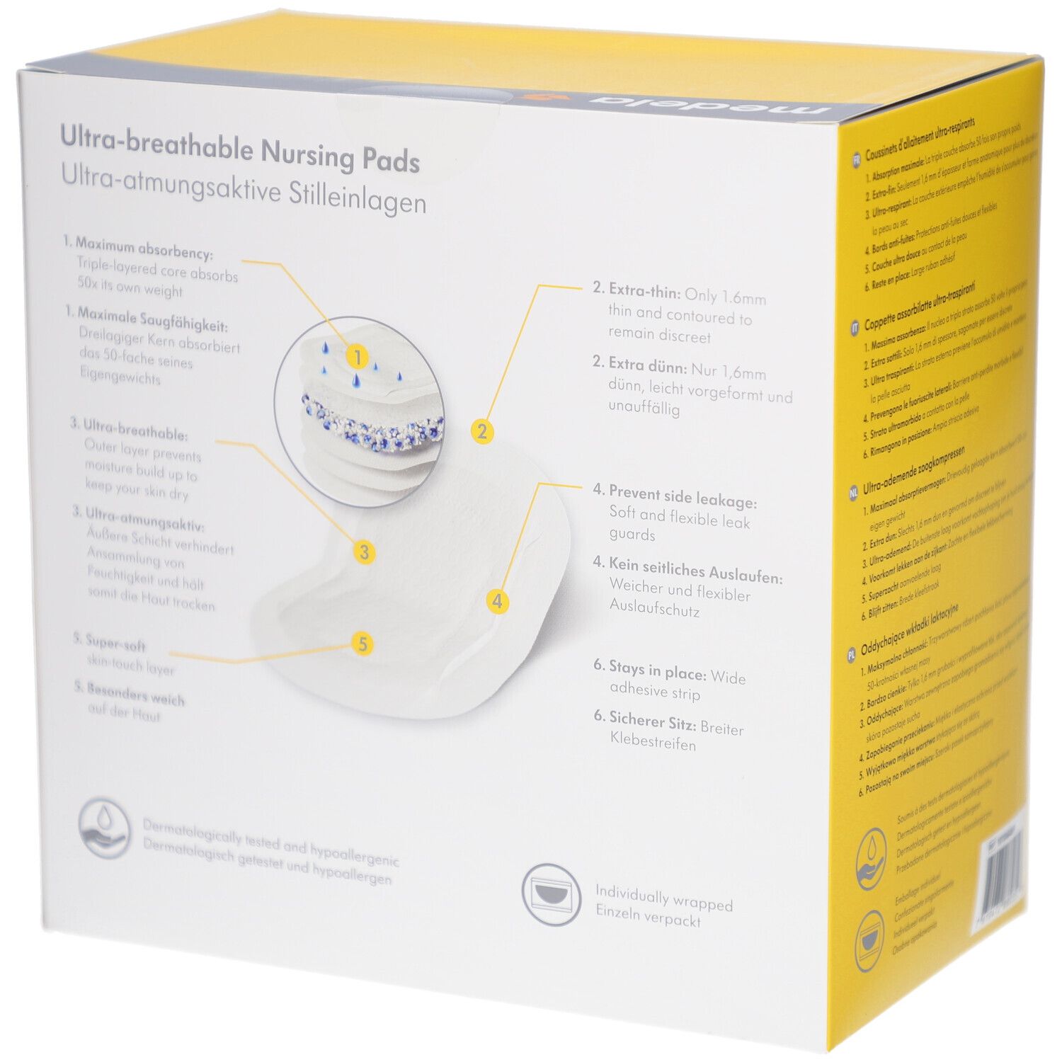 Dos de la boîte de coussinets d'allaitement Medela. Caractéristiques du produit et illustration des coussinets.