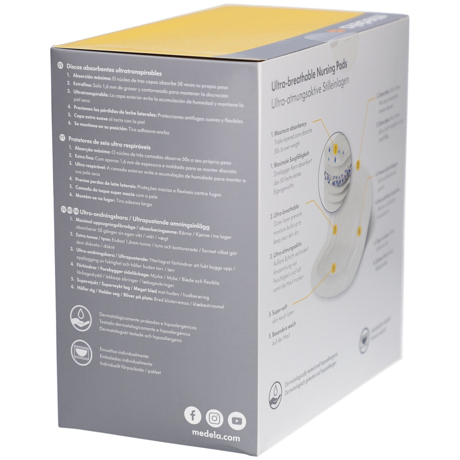 Dos de la boîte de coussinets d'allaitement Medela. Informations produit et illustration des coussinets.