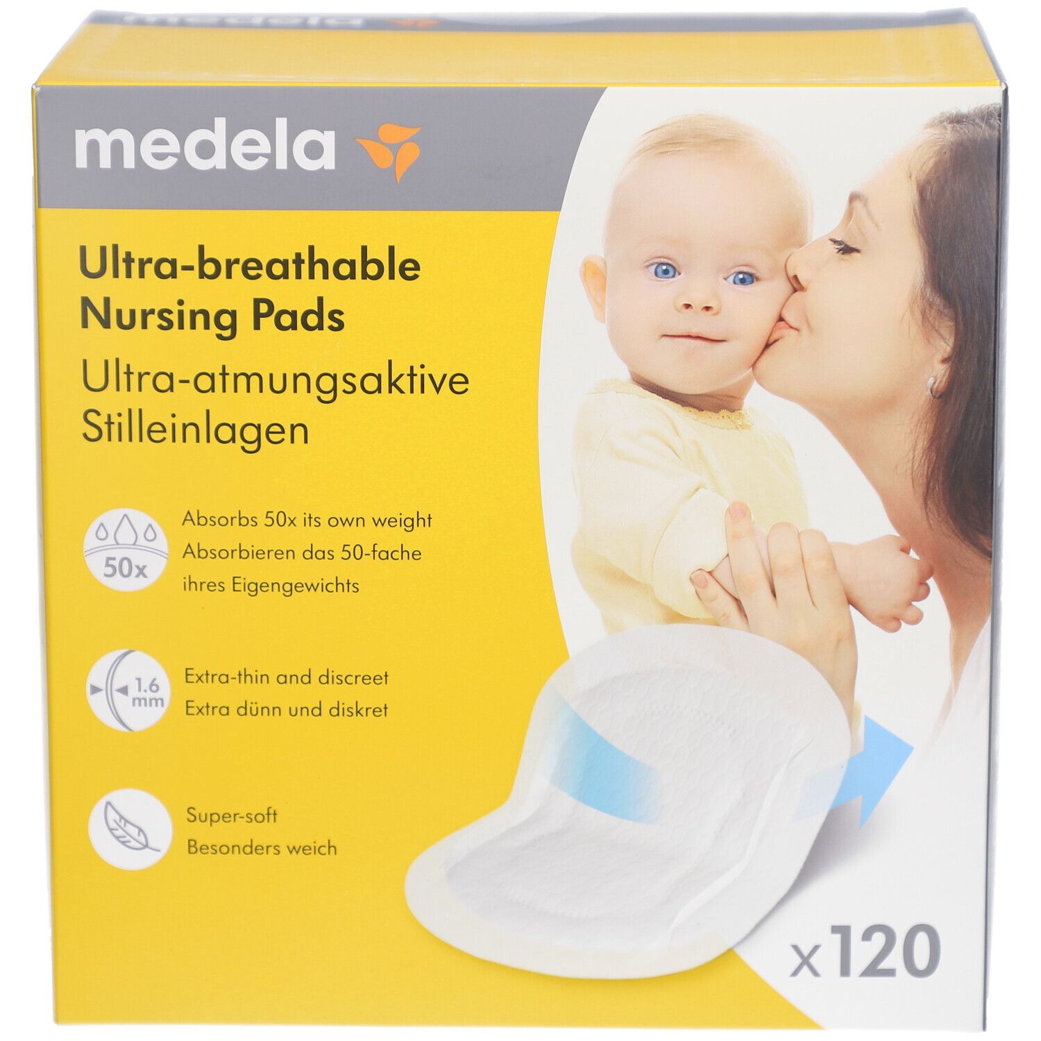 Boîte de coussinets d'allaitement ultra-respirants Medela. Image d'un bébé et d'une femme. Contient 120 coussinets.
