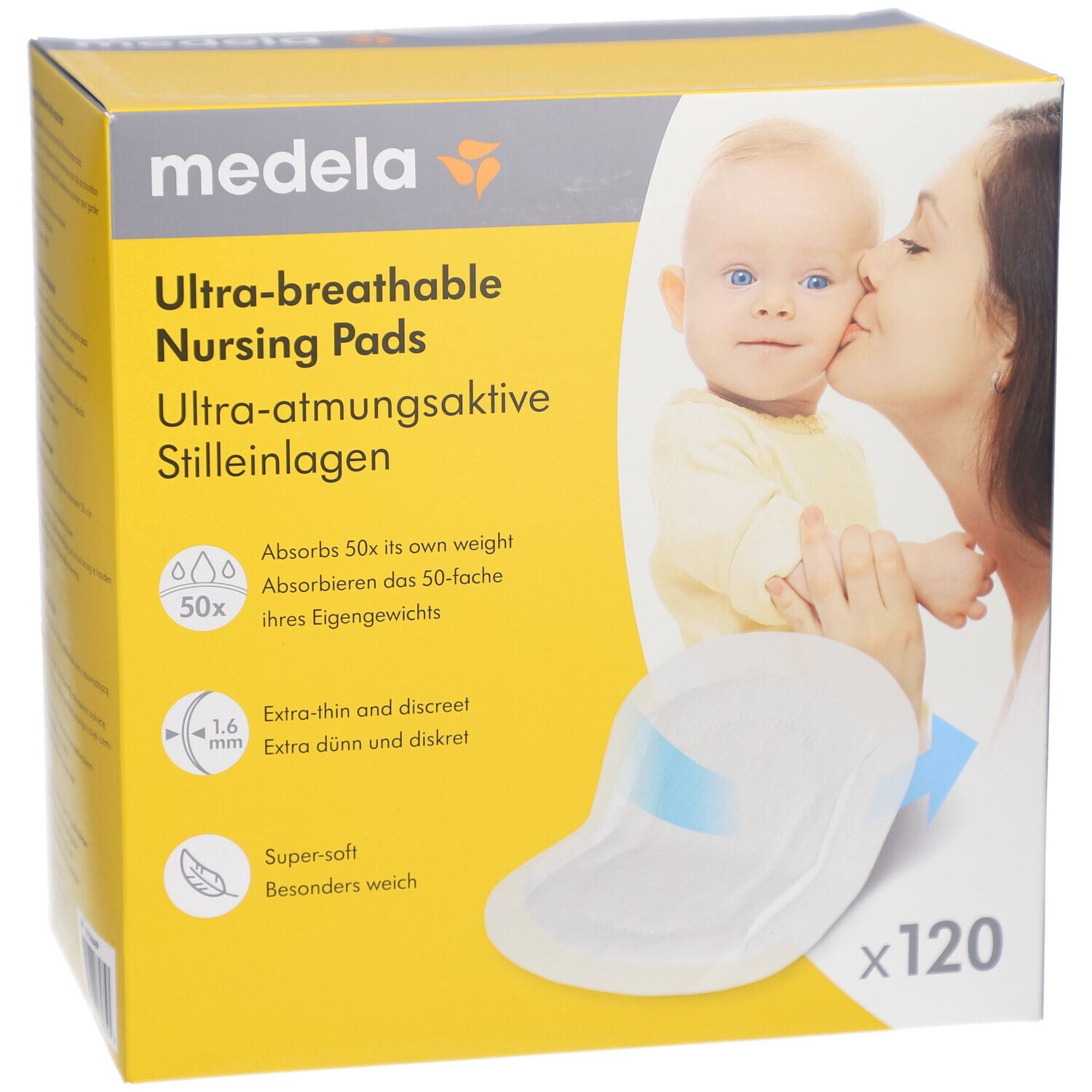 Boîte de coussinets d'allaitement ultra-respirants Medela. Image d'un bébé et d'une femme. Contient 120 coussinets.