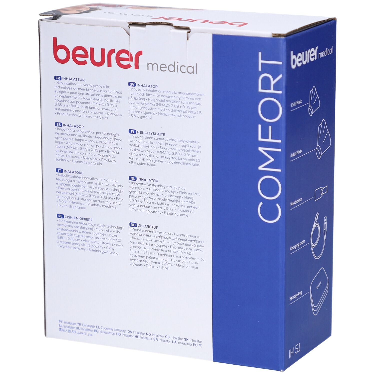 Rückseite der Verpackung des Beurer Inhalators IH 51. Text in mehreren Sprachen. Logos und Produktinformationen.