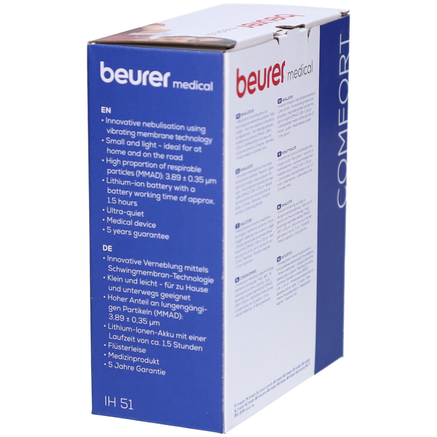 Verpackung des Beurer Inhalators IH 51. Text in Englisch und Deutsch. Produktmerkmale und Garantiehinweis.